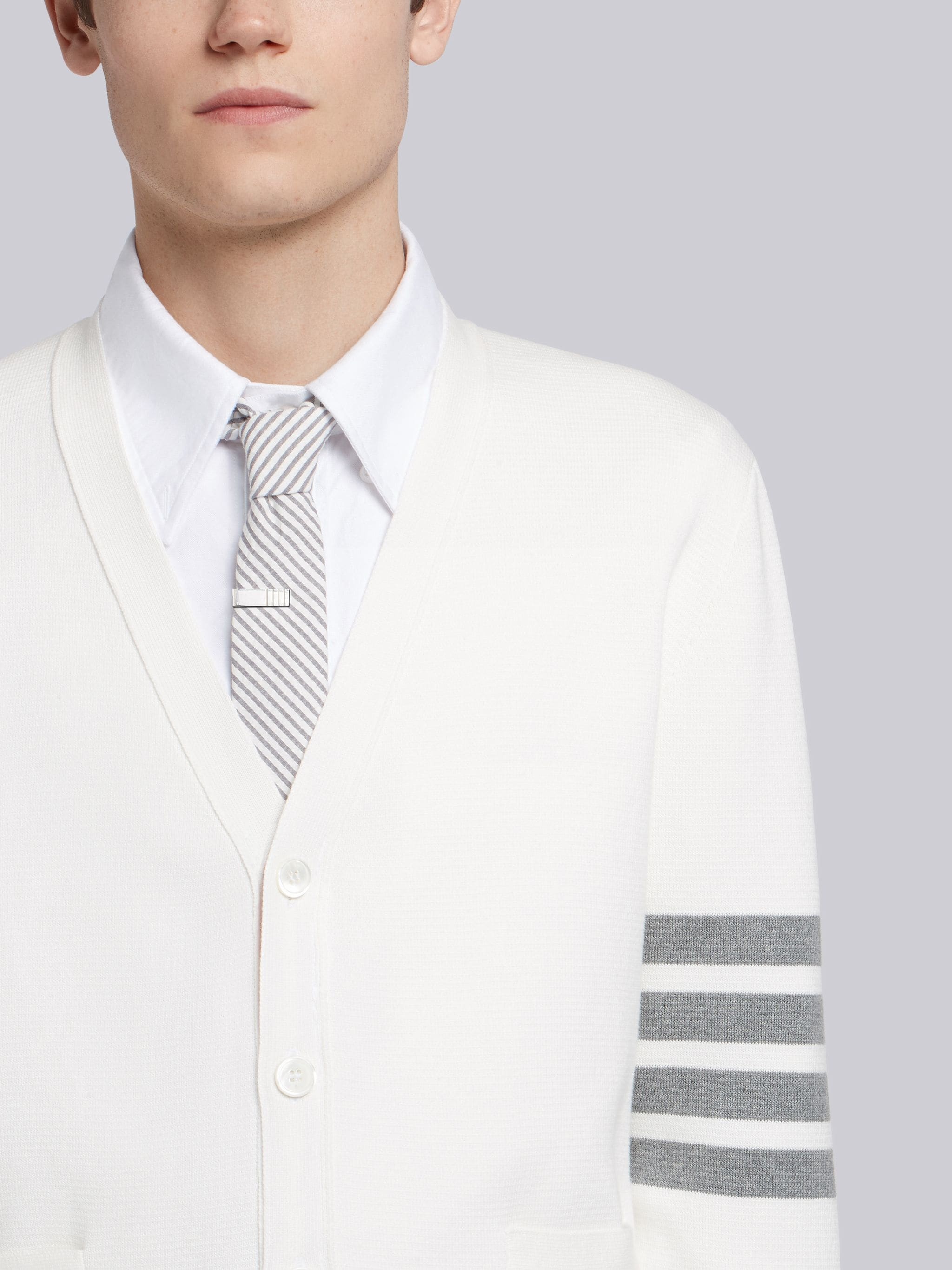 Thom Browne Stripe Sleeve Milano Stitch Cardigan In White