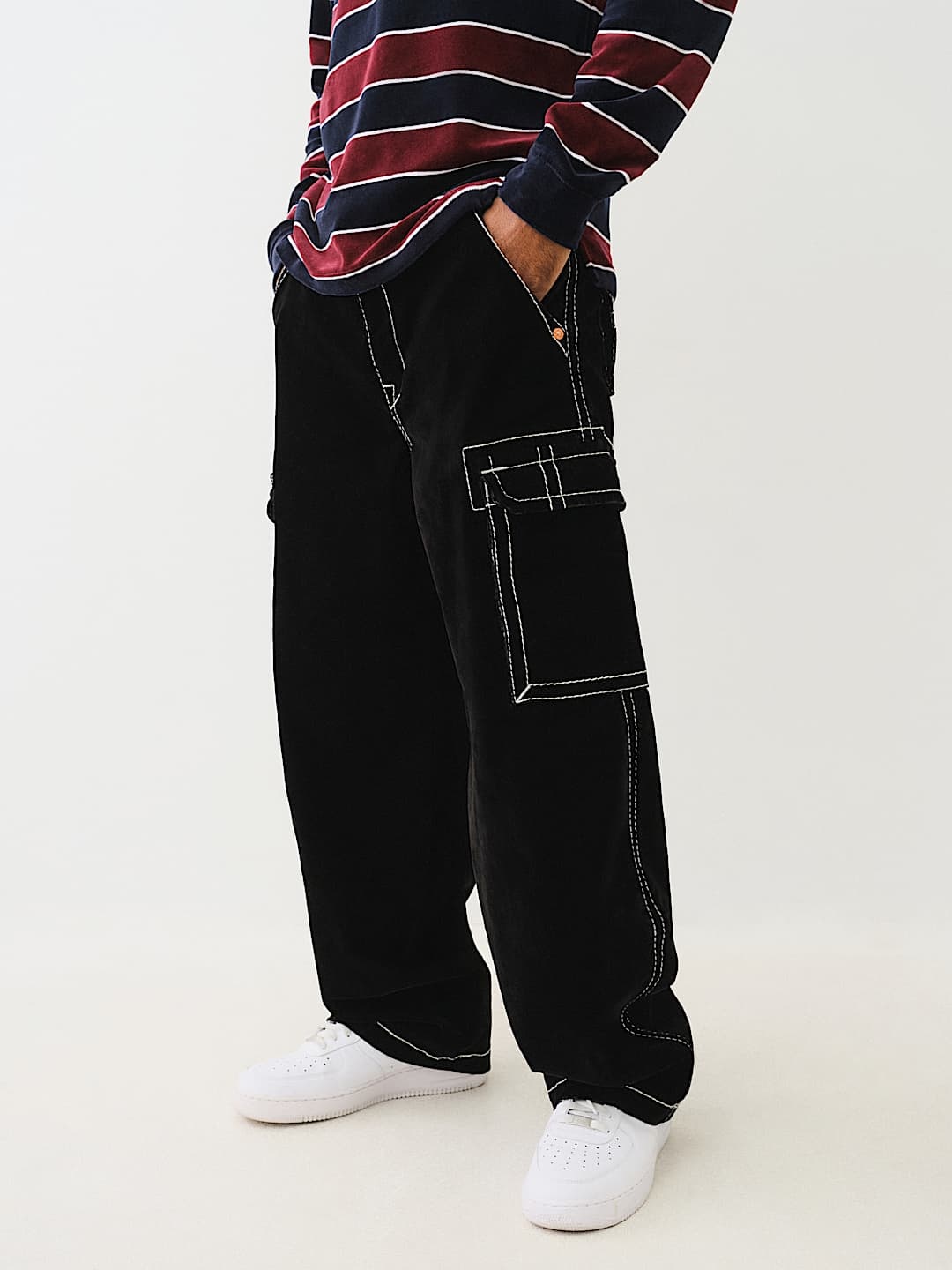 True Religion Embroidered Cotton Cargo Trousers In Black