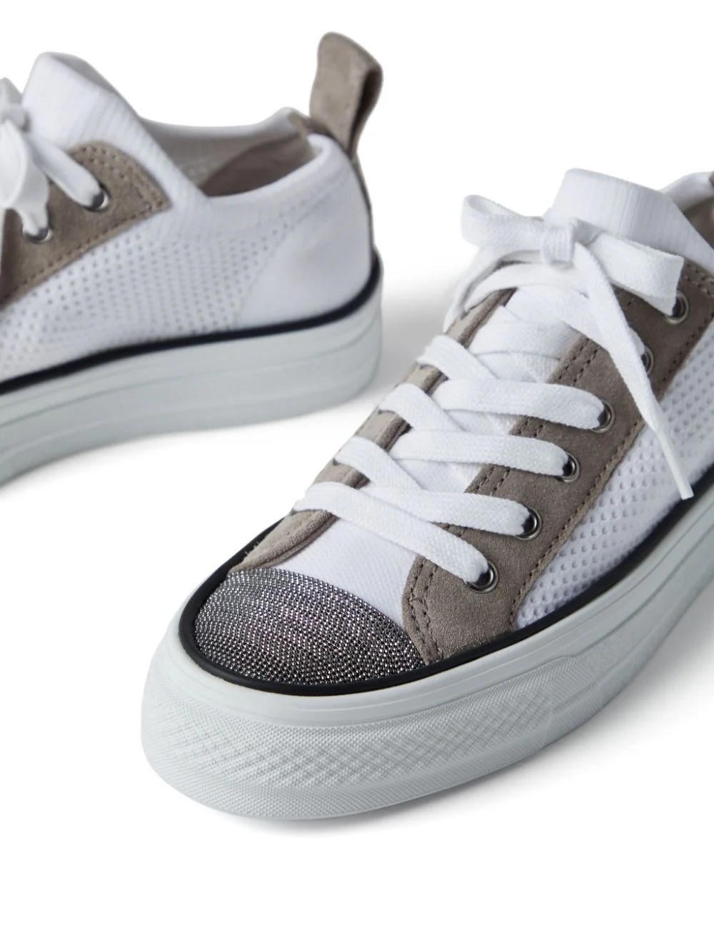 Brunello Cucinelli Knit Monili Cap-toe Sneakers In White