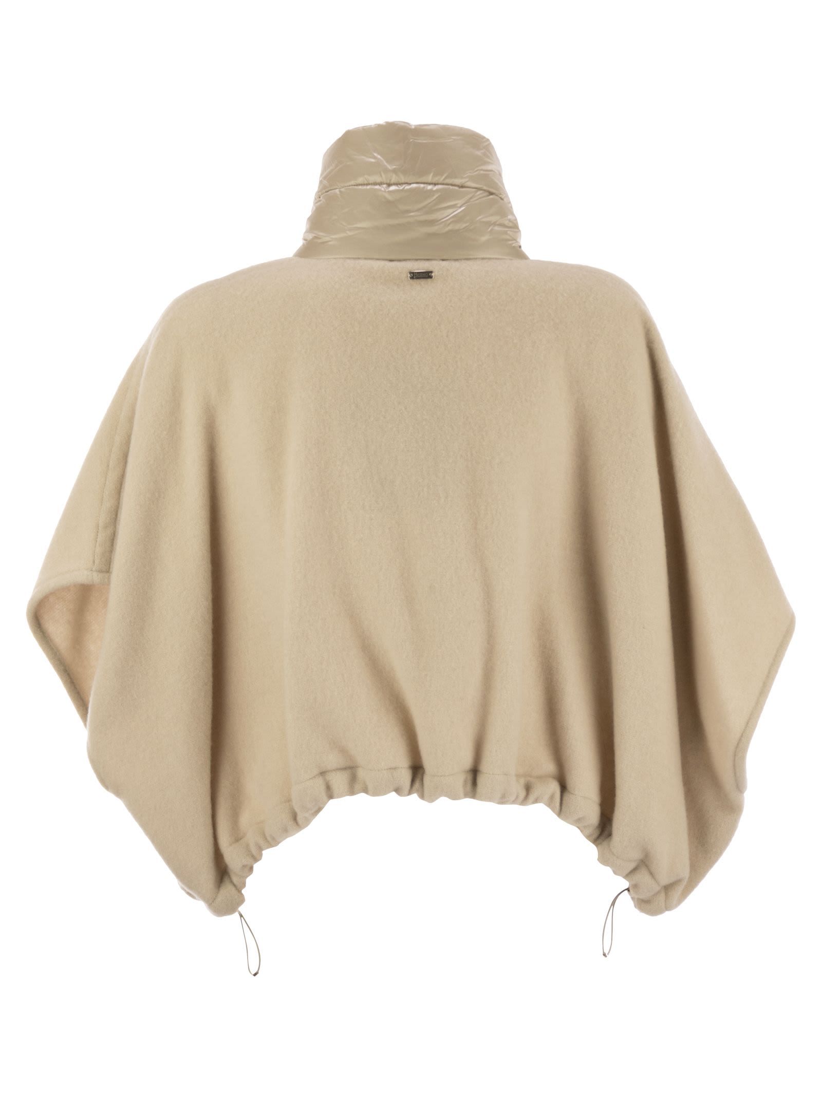 Herno Resort Poncho In Wool And Cashemre With Ultralight Nylon Details In Neutral