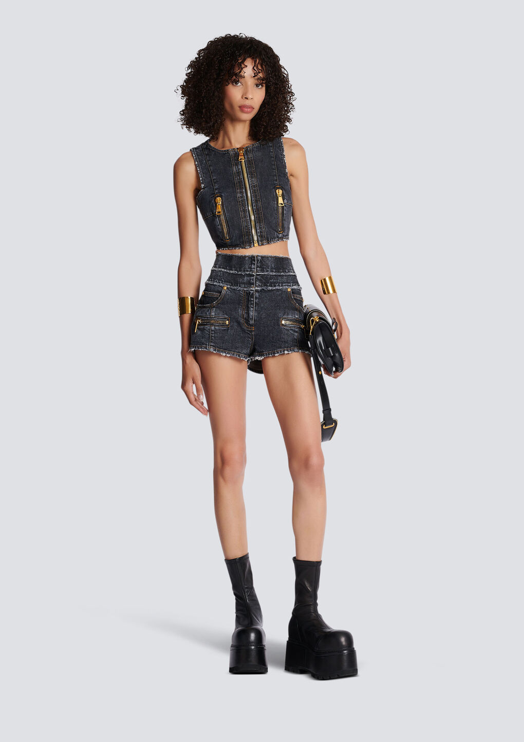 Balmain Denim High Waist Shorts With Front Zip Pockets In Gray