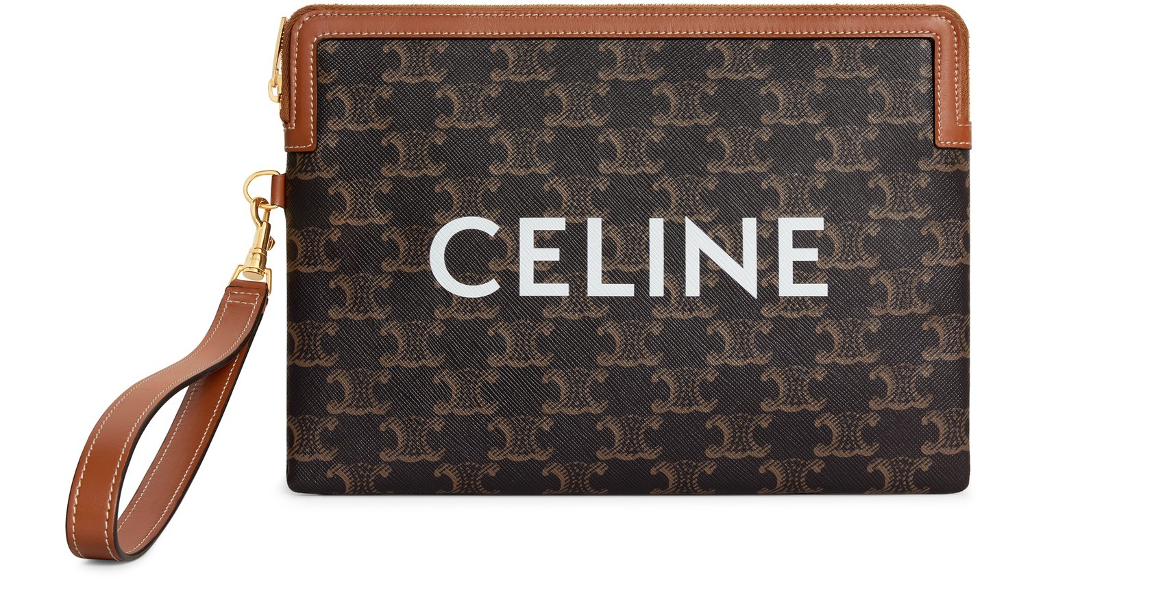 Celine Small Pouch With Strap In Triomphe Canvas And Lambskin In Brown