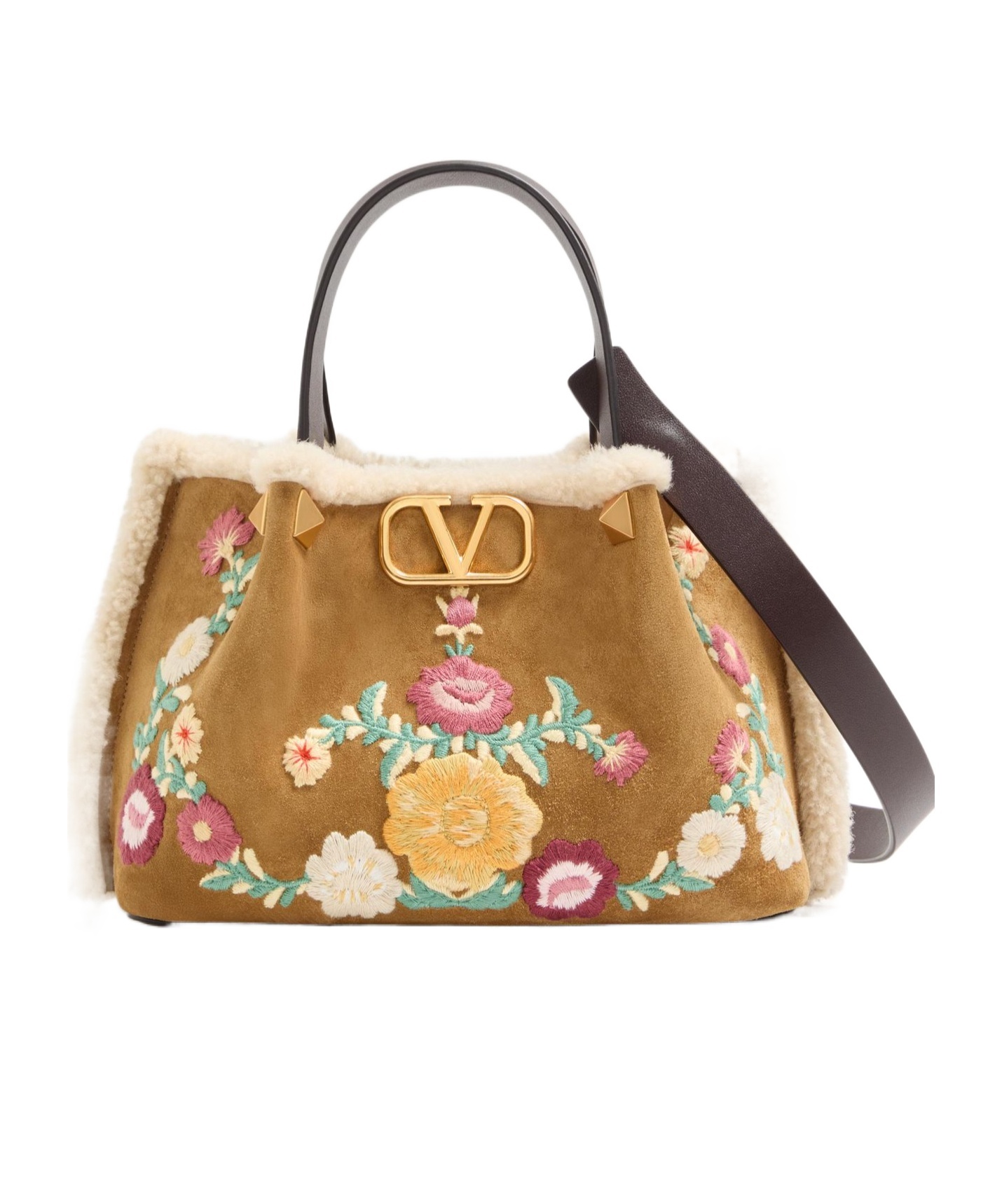 Valentino Small Embroidered-flowers Suede Tote Bag In Brown