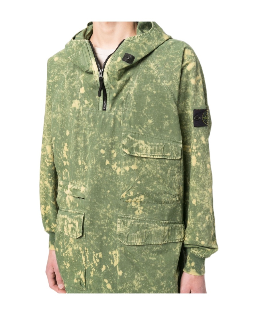 Stone Island Paint-splatter Hooded Windbreaker In Green