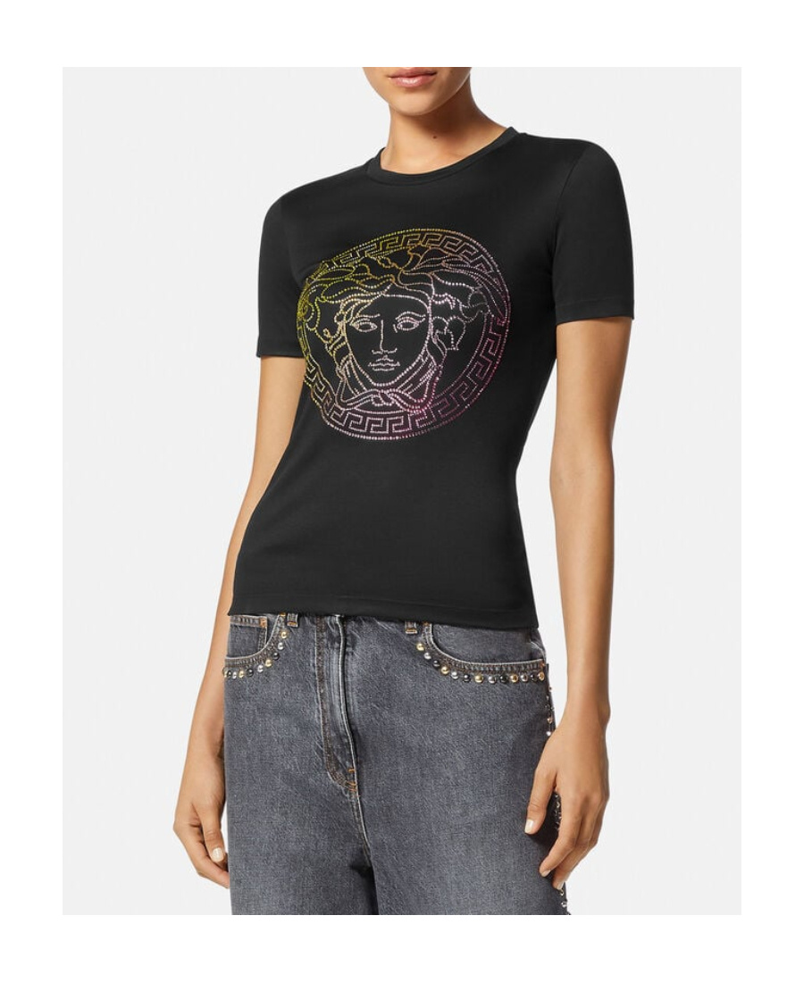 Versace Rainbow Strass Medusa Logo T-shirt In Black