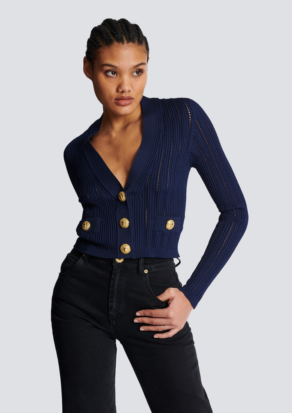 Balmain Ladies Marine Cropped Knit Cardigan In Blue