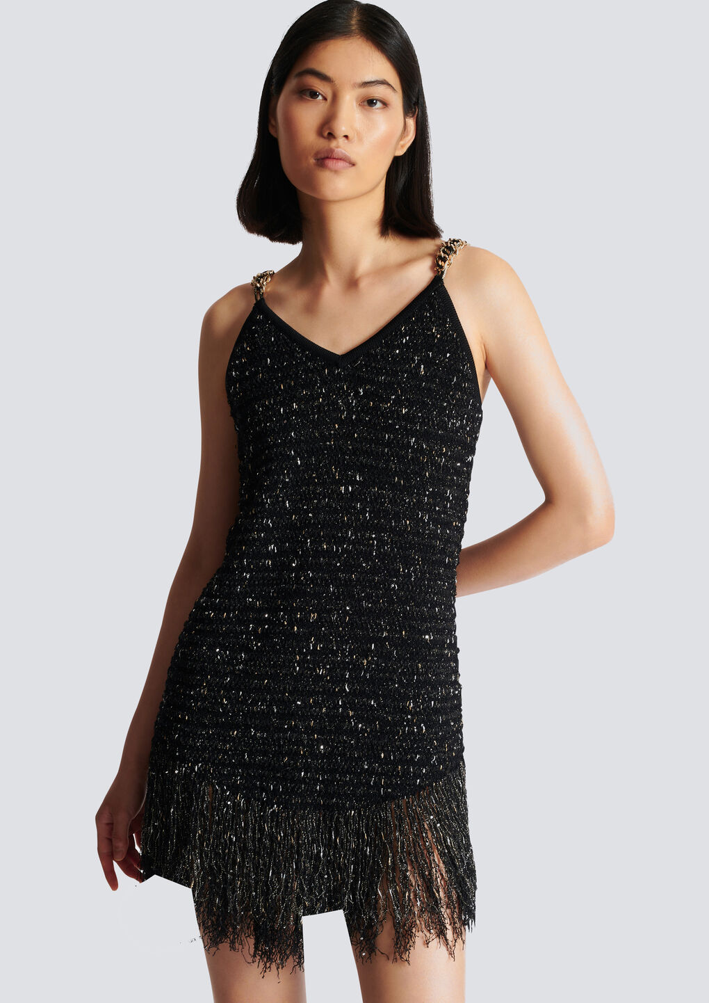 Balmain Chain-embellished Fringed Sequined Bouclé-tweed Mini Dress In Black