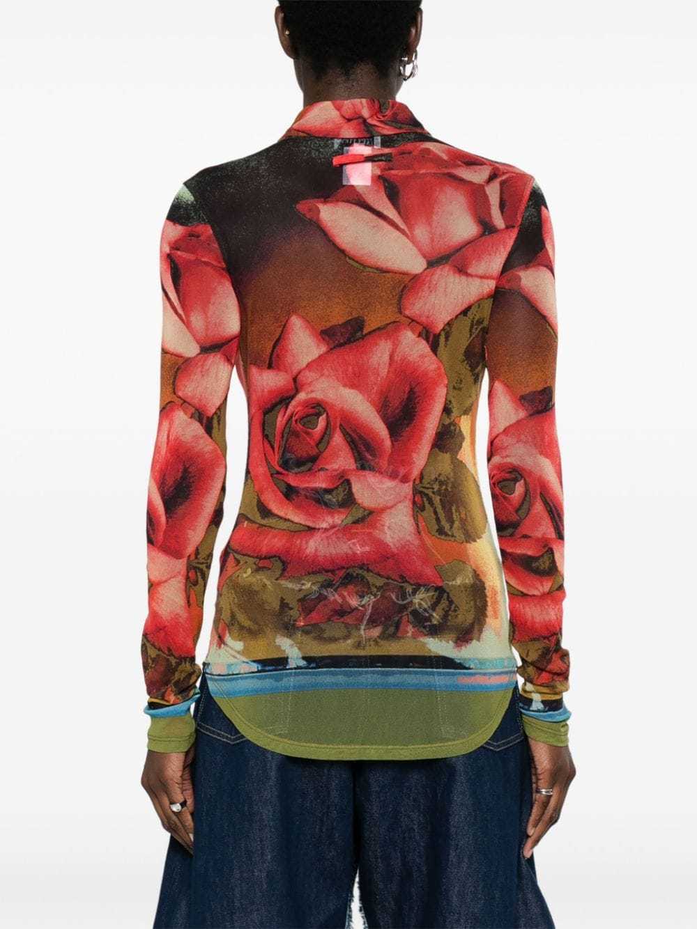 Jean Paul Gaultier Red Rose-print Mesh Shirt In Multicolor