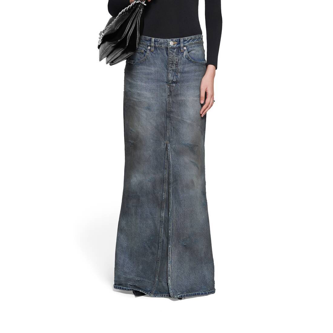 Balenciaga Dark Blue Maxi Skirt With Crinkled Effect With Logo Patch In Cotton Denim Woman In Black