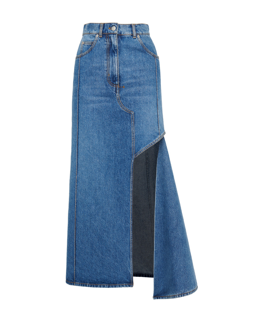 Alexander Mcqueen Denim Midi Skirt With Asymmetric High Slit In Blue