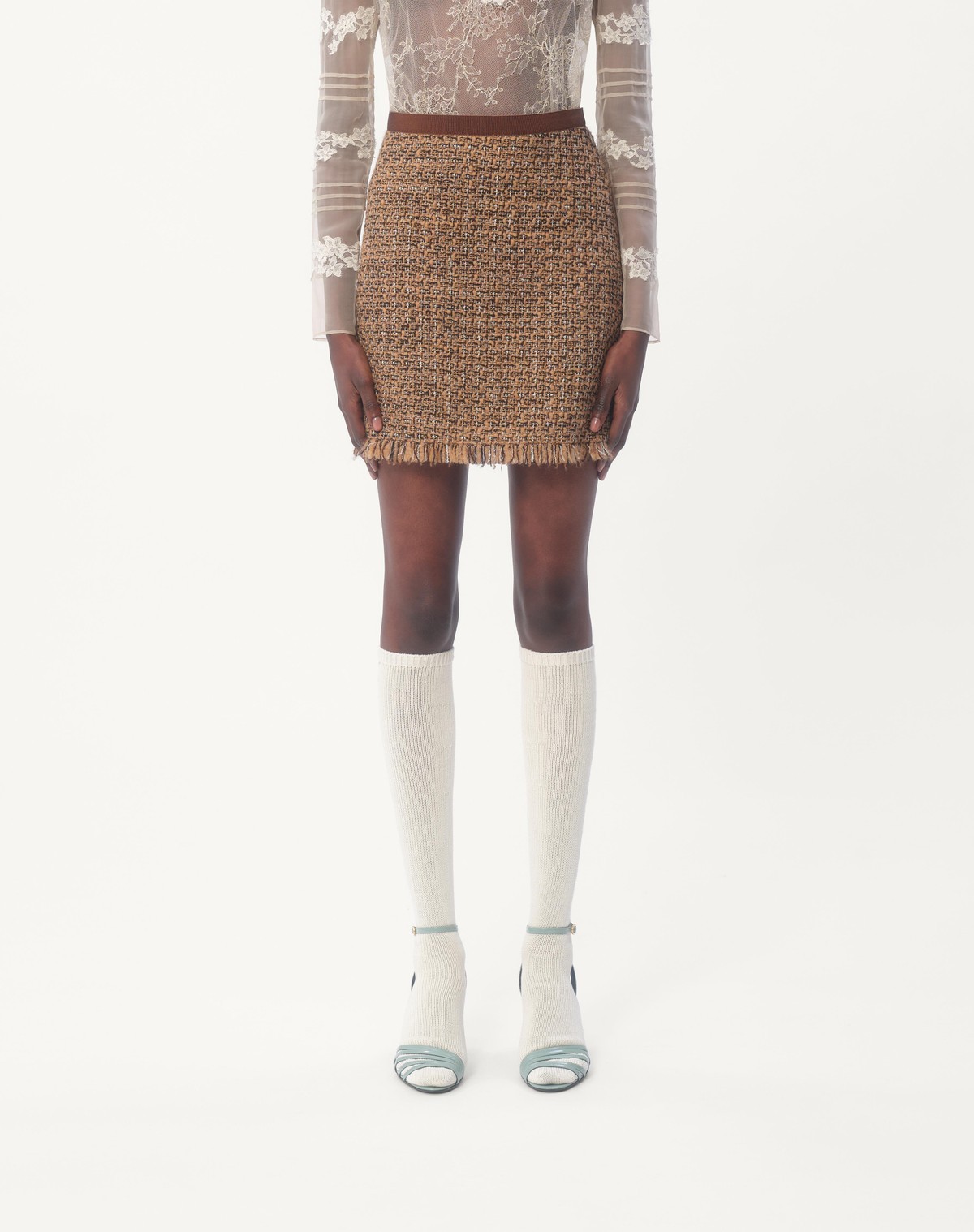 Valentino Frayed Wool-blend Tweed Mini Skirt In Brown