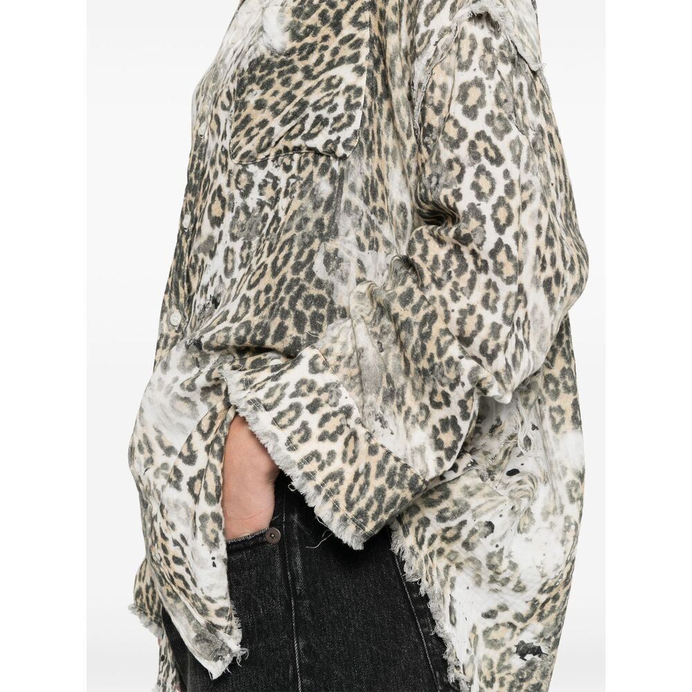 R13 Shredded Seam Drop Neck Leopard Print Button-up Shirt In White