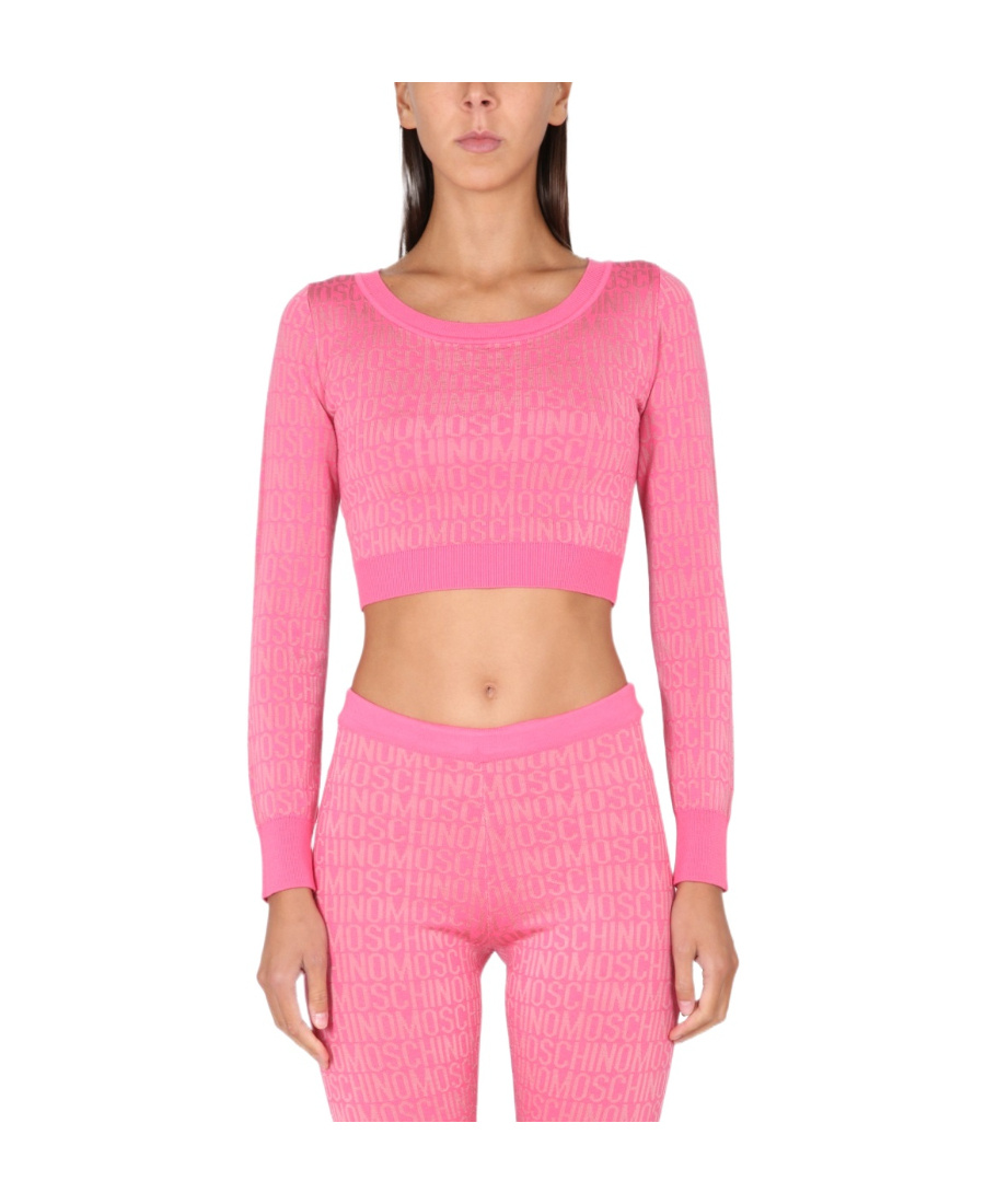 Moschino Cropped Pullover With Allover Logo Pattern In Pink