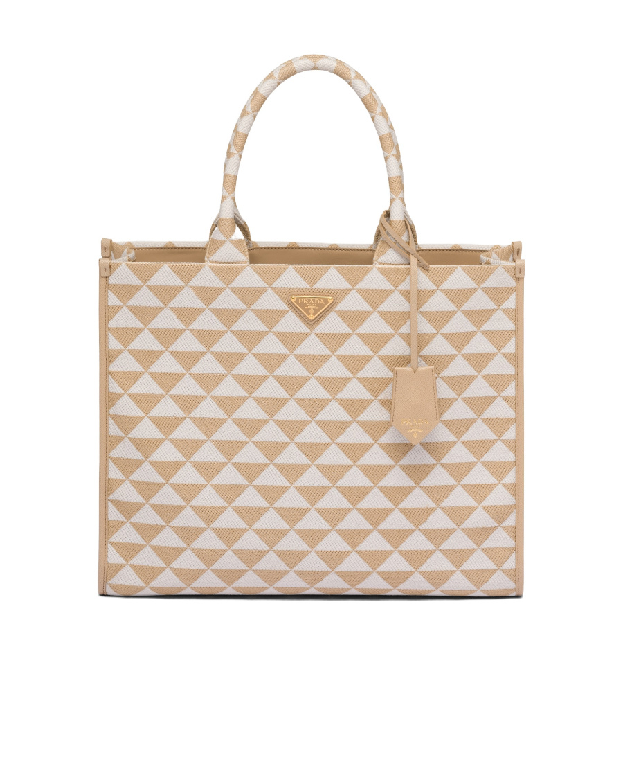 Prada Large Symbole Embroidered Fabric Handbag In Nude