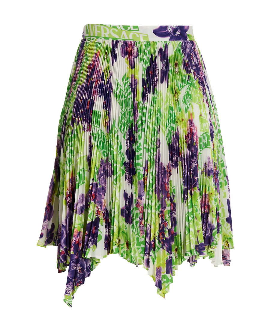 Versace Logo Orchid-print Pleated Asymmetric Skirt In Green