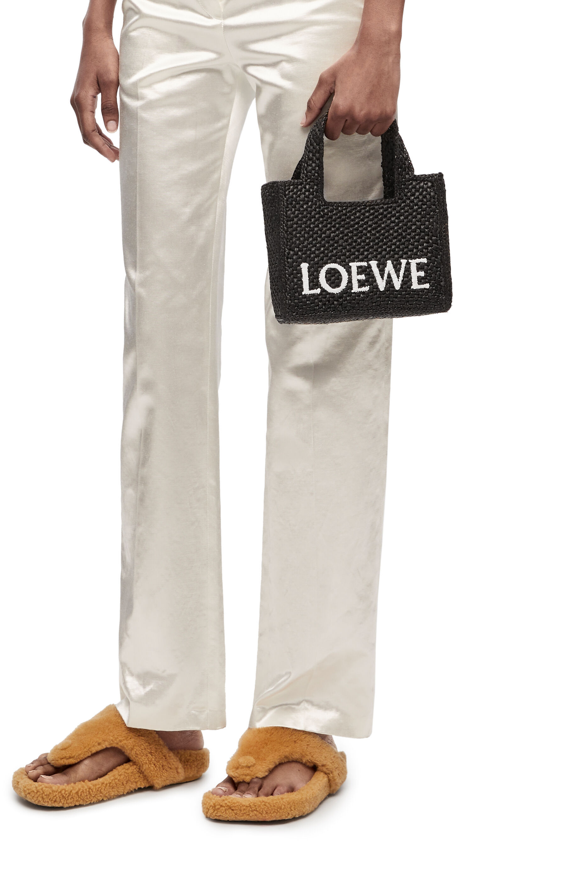 Loewe X Paula's Ibiza Font Logo Mini Tote Bag In Raffia In Black