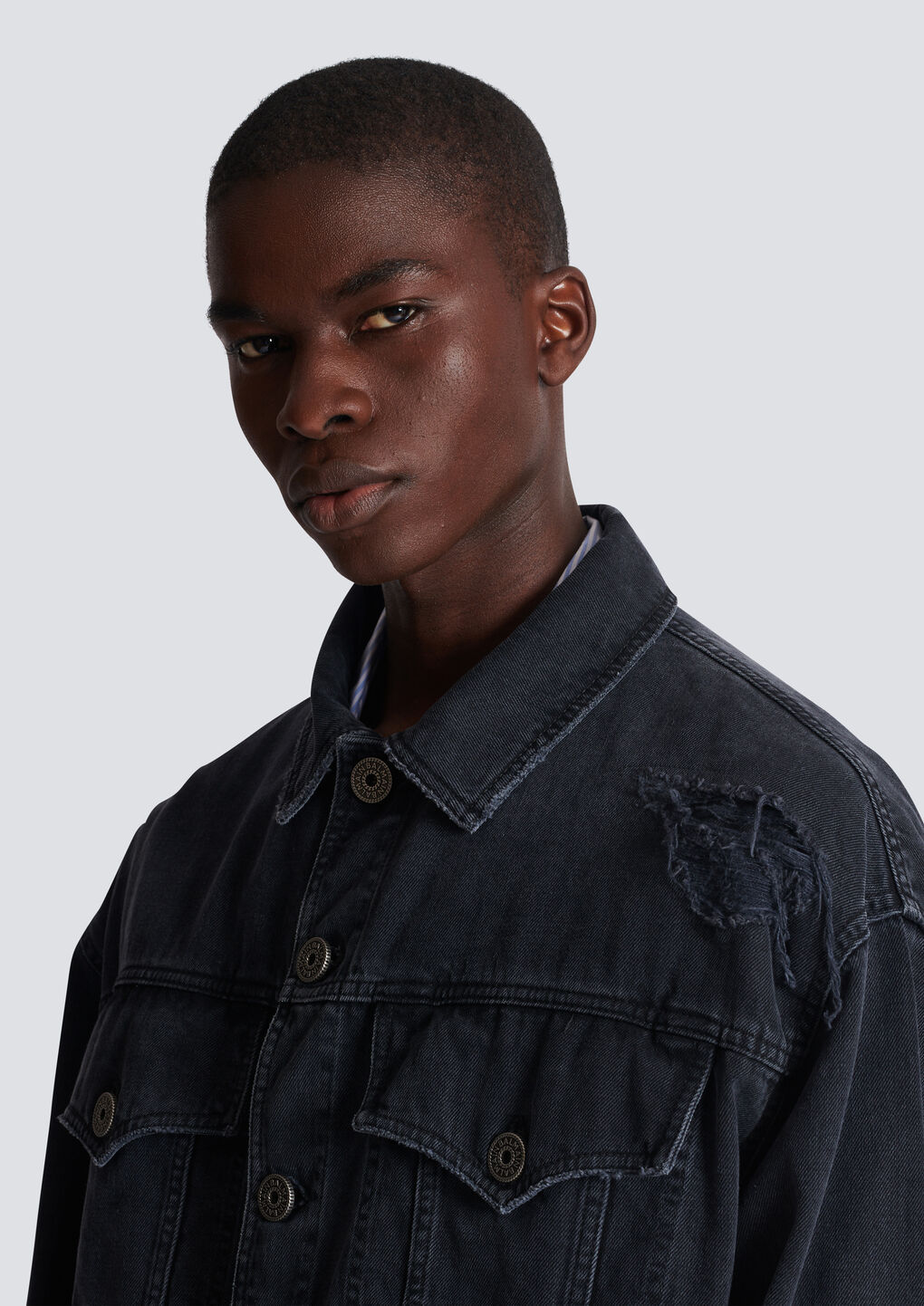 Balmain Worn-effect Denim Jacket In Black