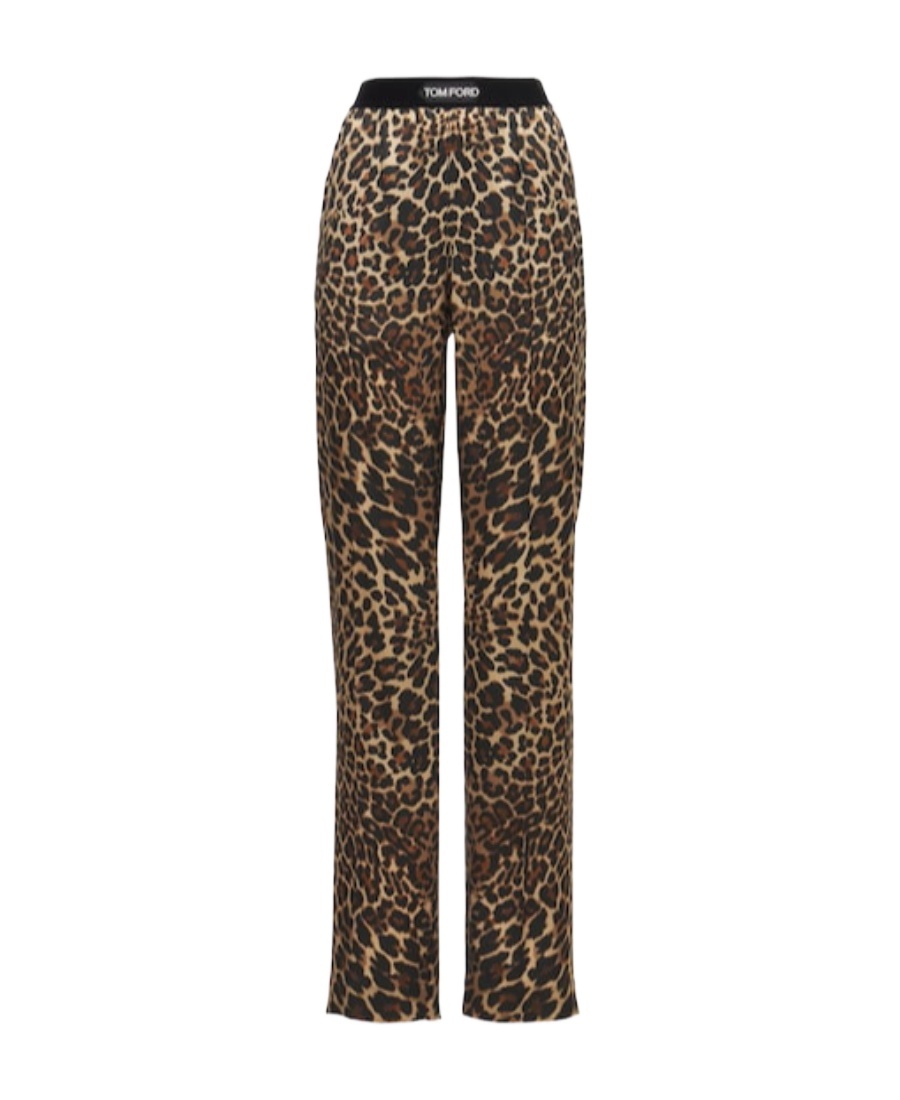 Tom Ford Camel Silk Blend Leopard Print Trousers In Brown