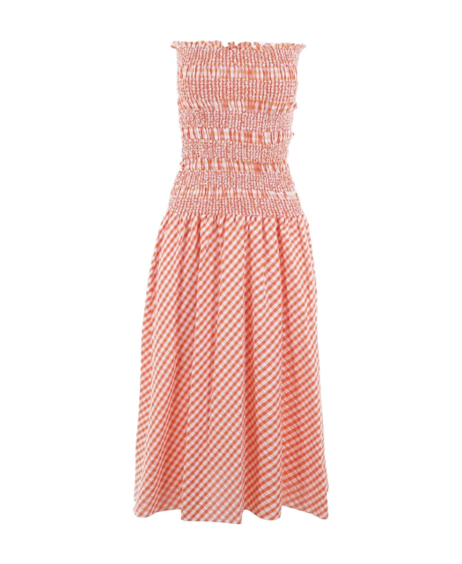 Kenzo Shirred Gingham Cotton Midi Dress In Pink