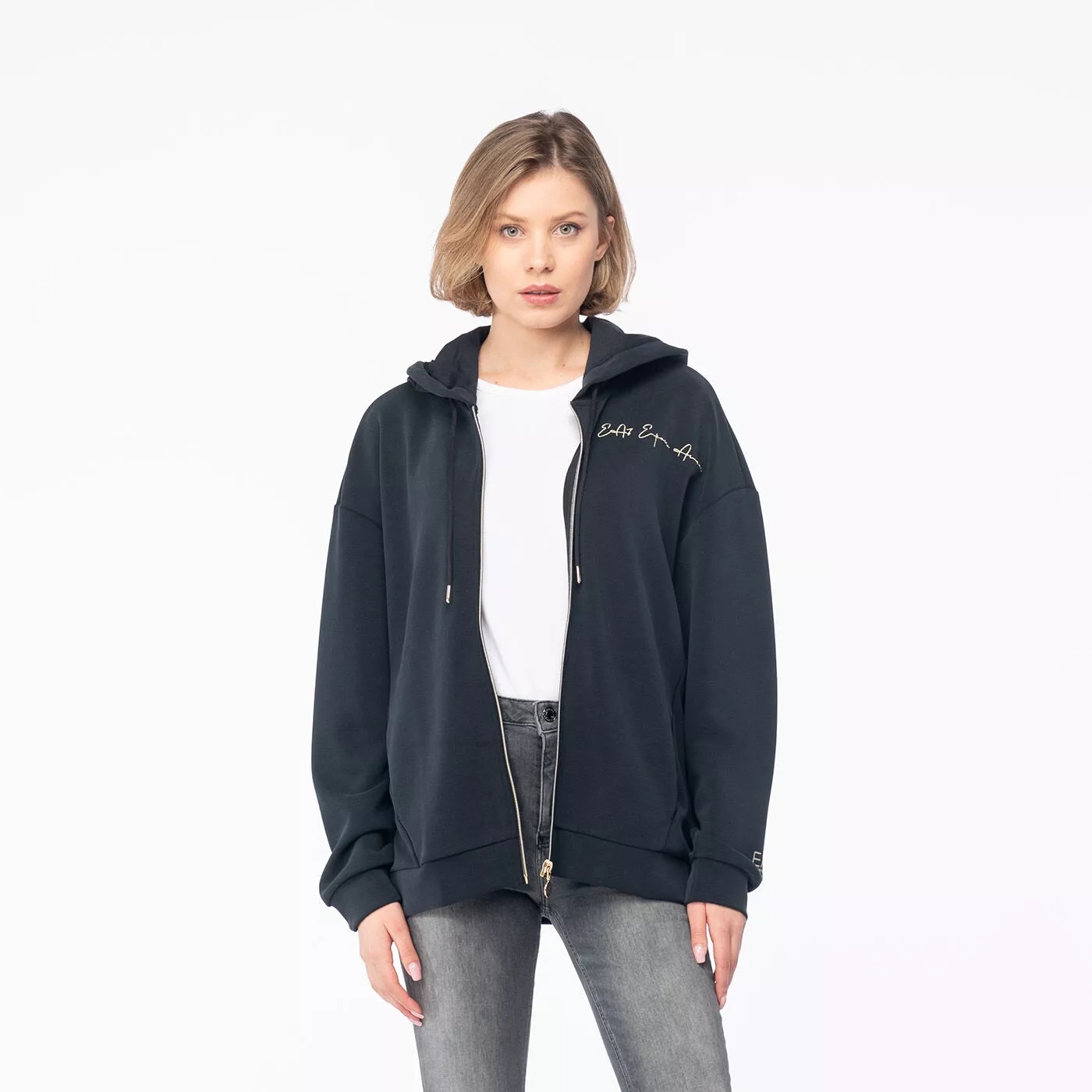 Ea7 Logo Hooded Zipper Sweatshirt In Black