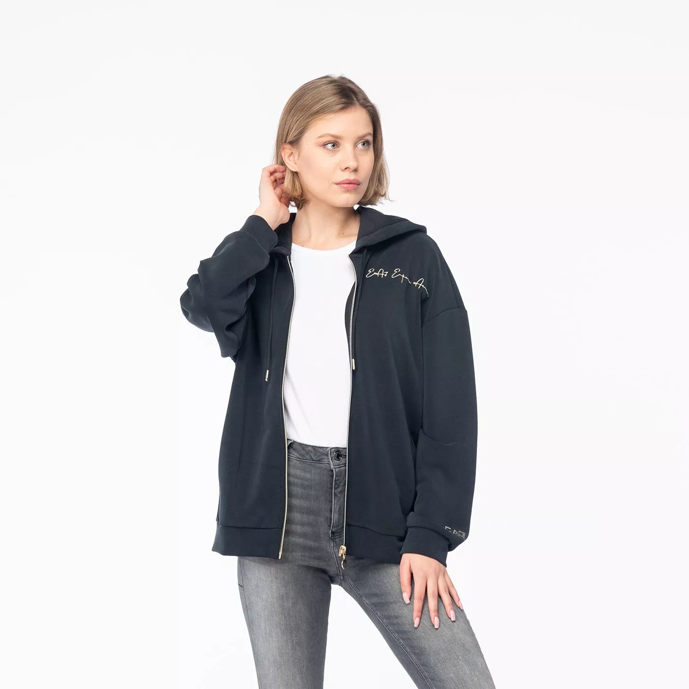 Ea7 Logo Hooded Zipper Sweatshirt In Black