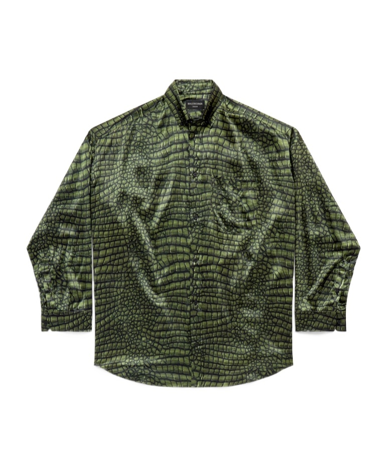 Balenciaga Crocodile Print Satin Button Down Cocoon Blouse In Green