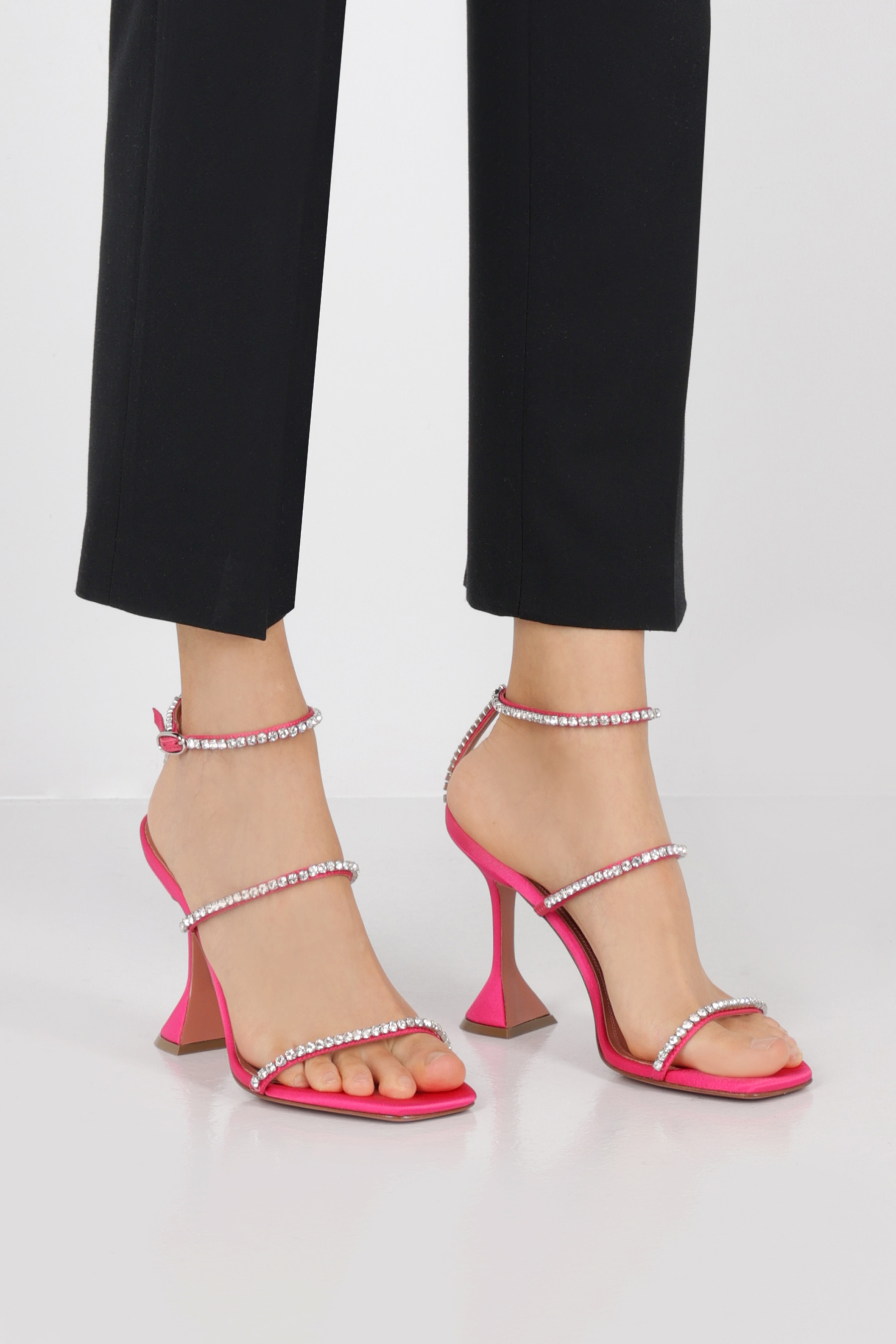 Amina Muaddi Sculpted Heel Sandals Crystal Embellishment In Pink