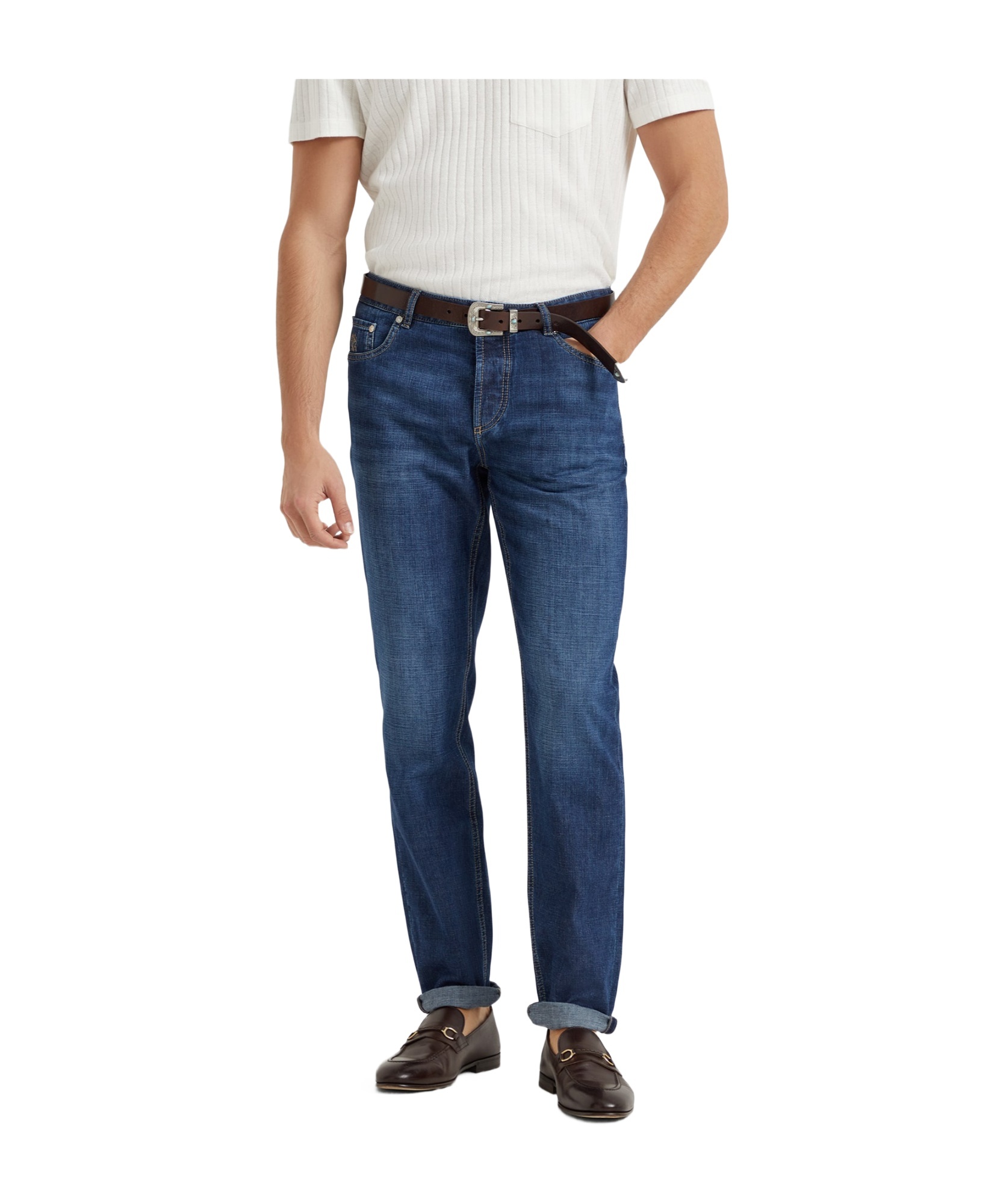 Brunello Cucinelli Thin Five-pocket Distressed Jeans In Blue