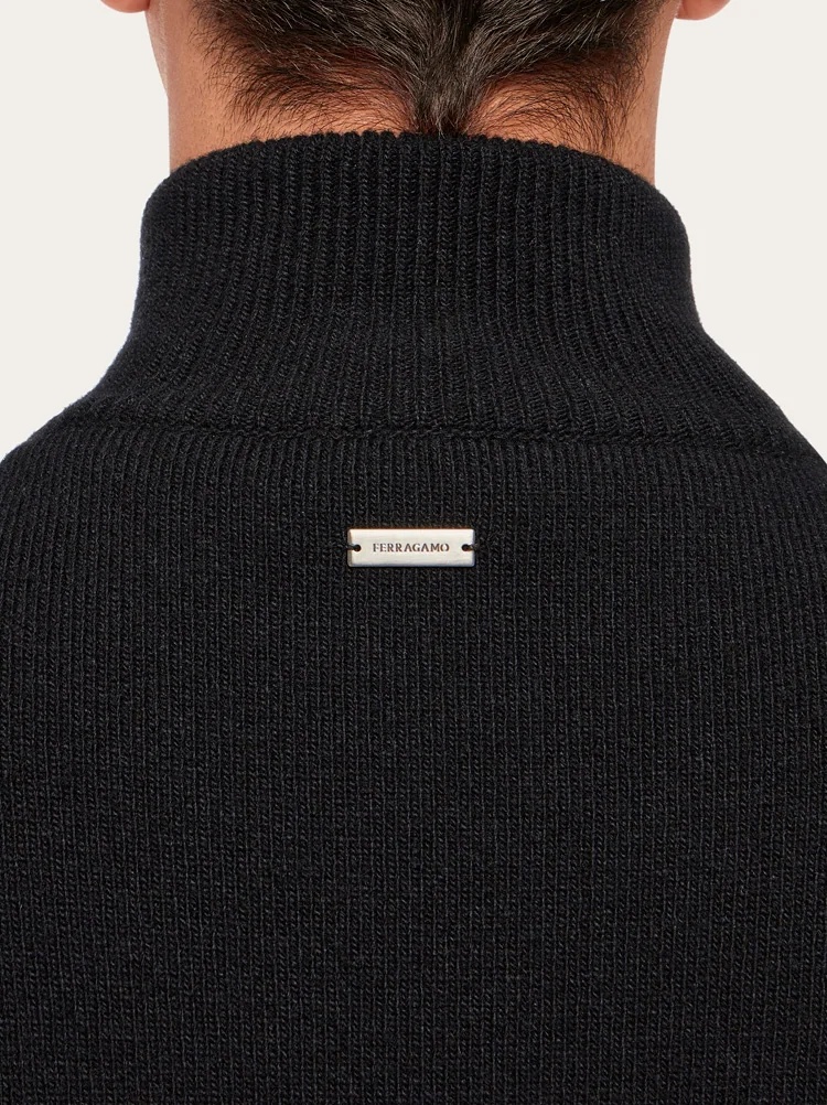 Ferragamo Luxury Wool And Leather Zip Cardigan For Men In Black
