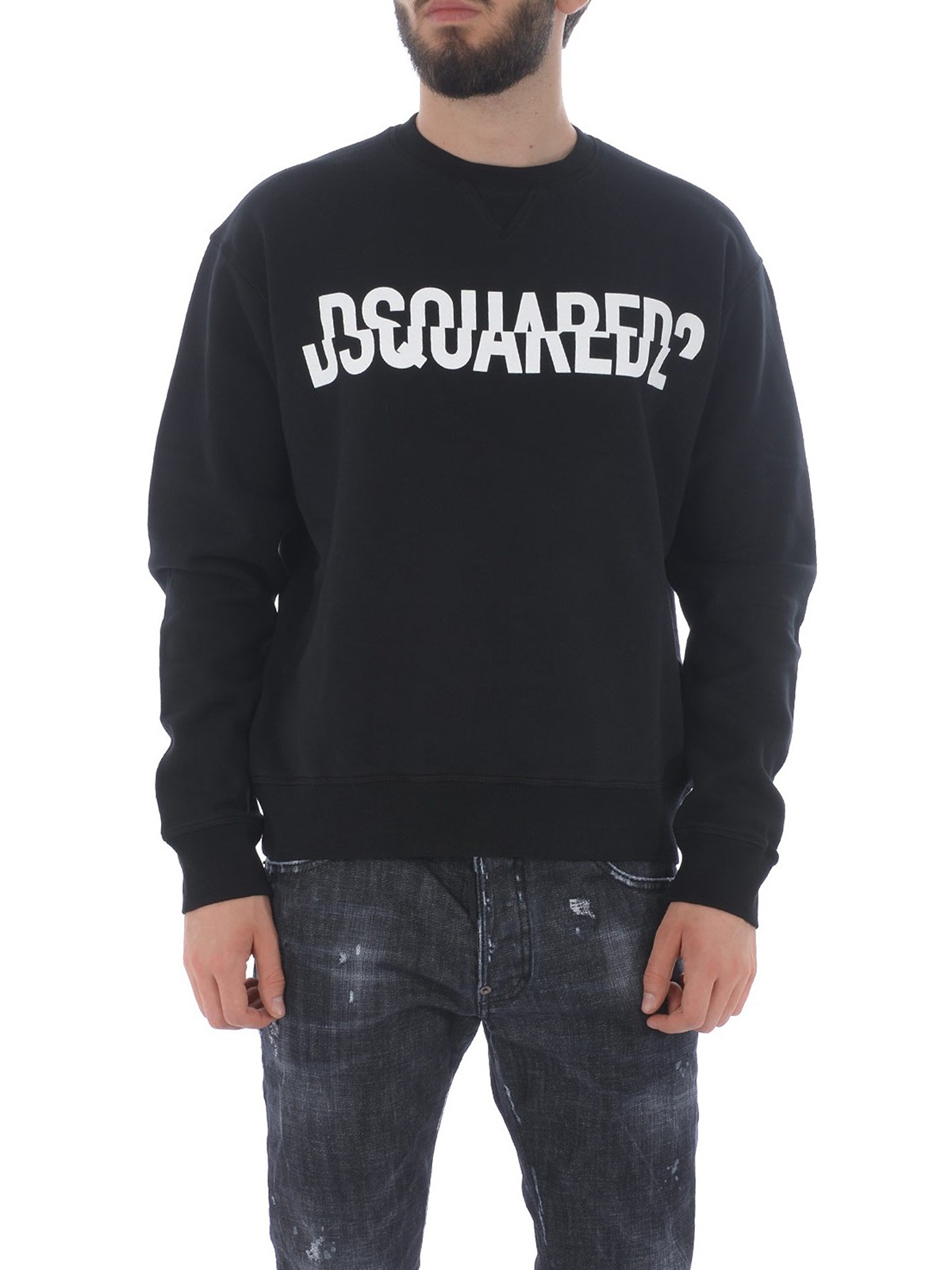 Dsquared2 Cotton Crewneck Sweater With Ribbed Hem In Black