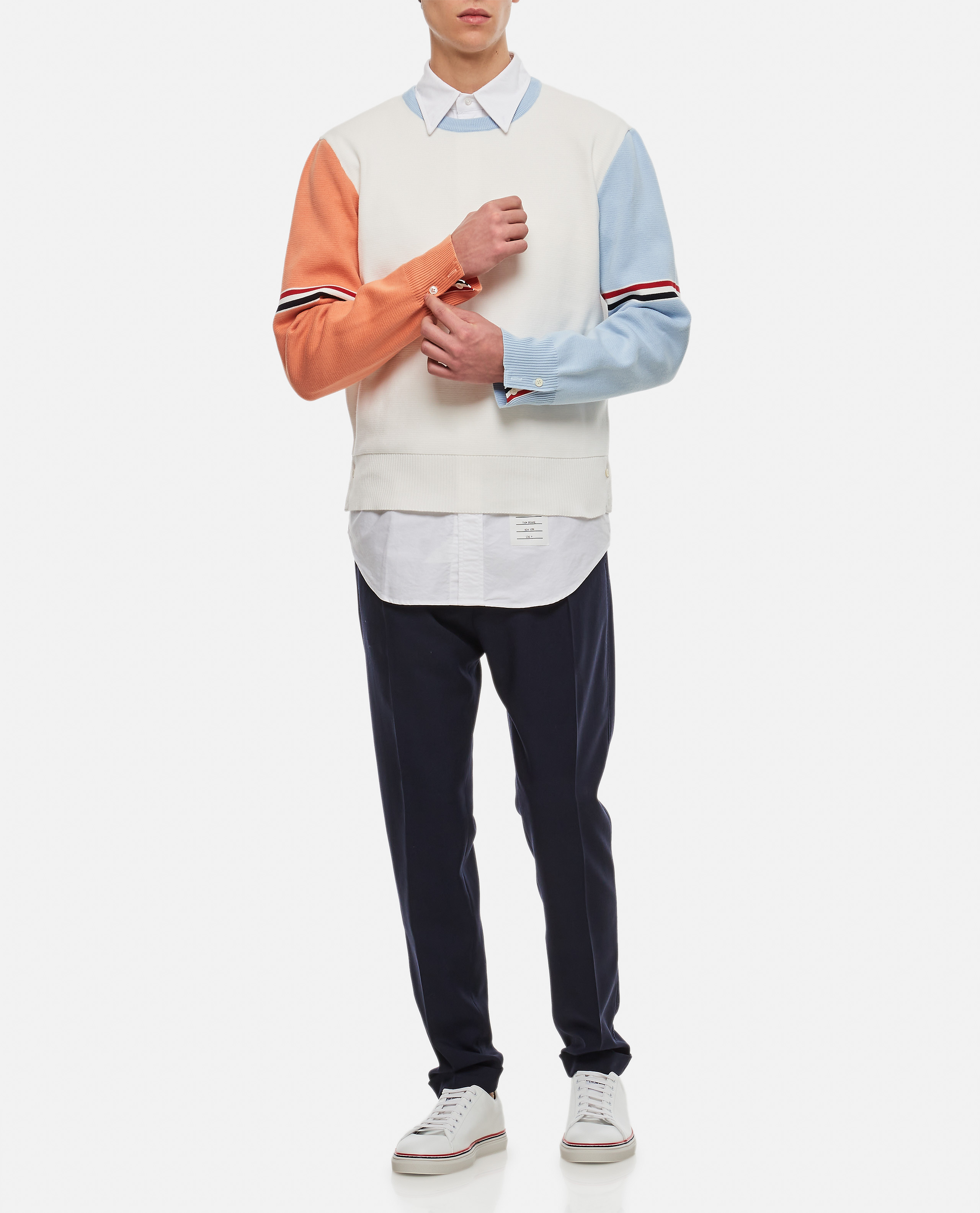 Thom Browne Color-block Crew Neck Sweater With Striped Detail In White