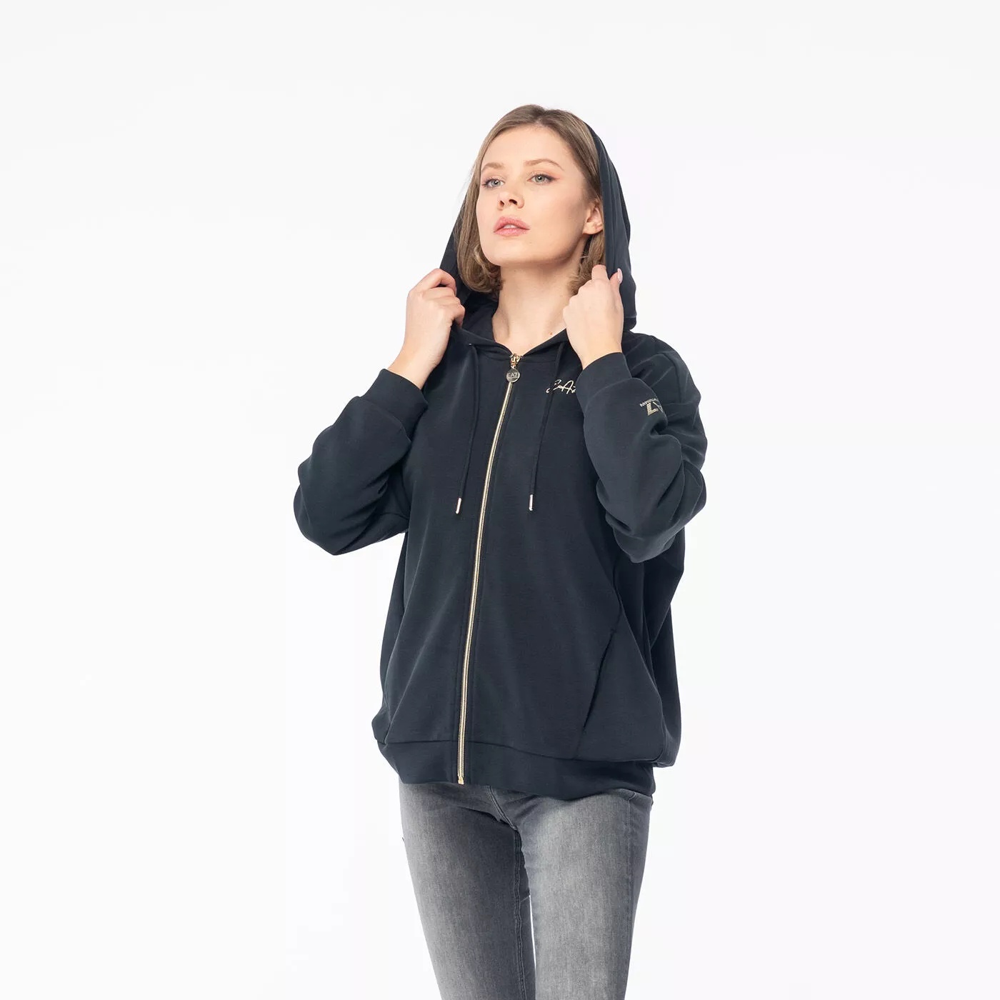 Ea7 Logo Hooded Zipper Sweatshirt In Black