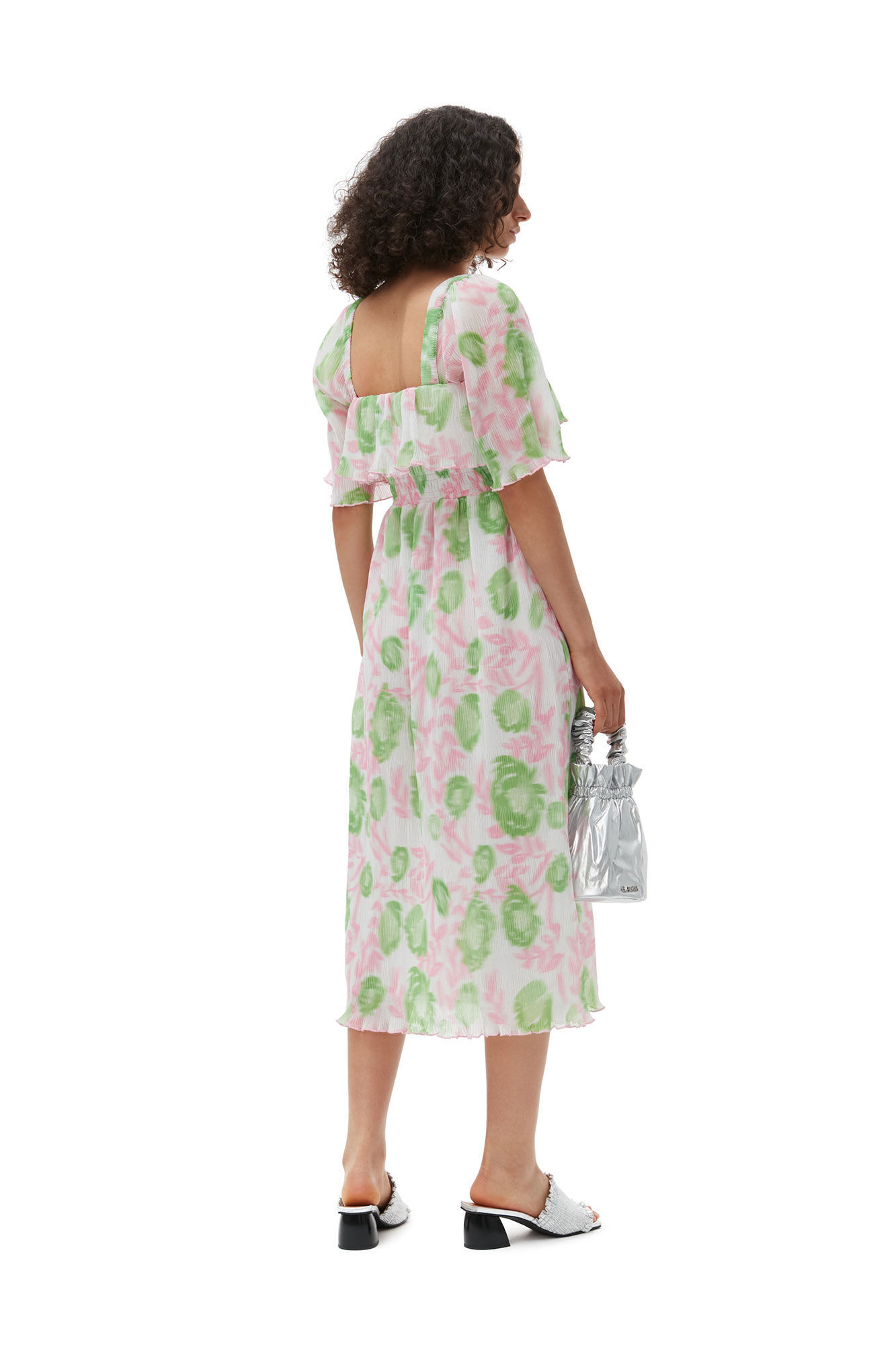 Ganni Short Sleeve Pleated Georgette Midi Smock Dress In Pink
