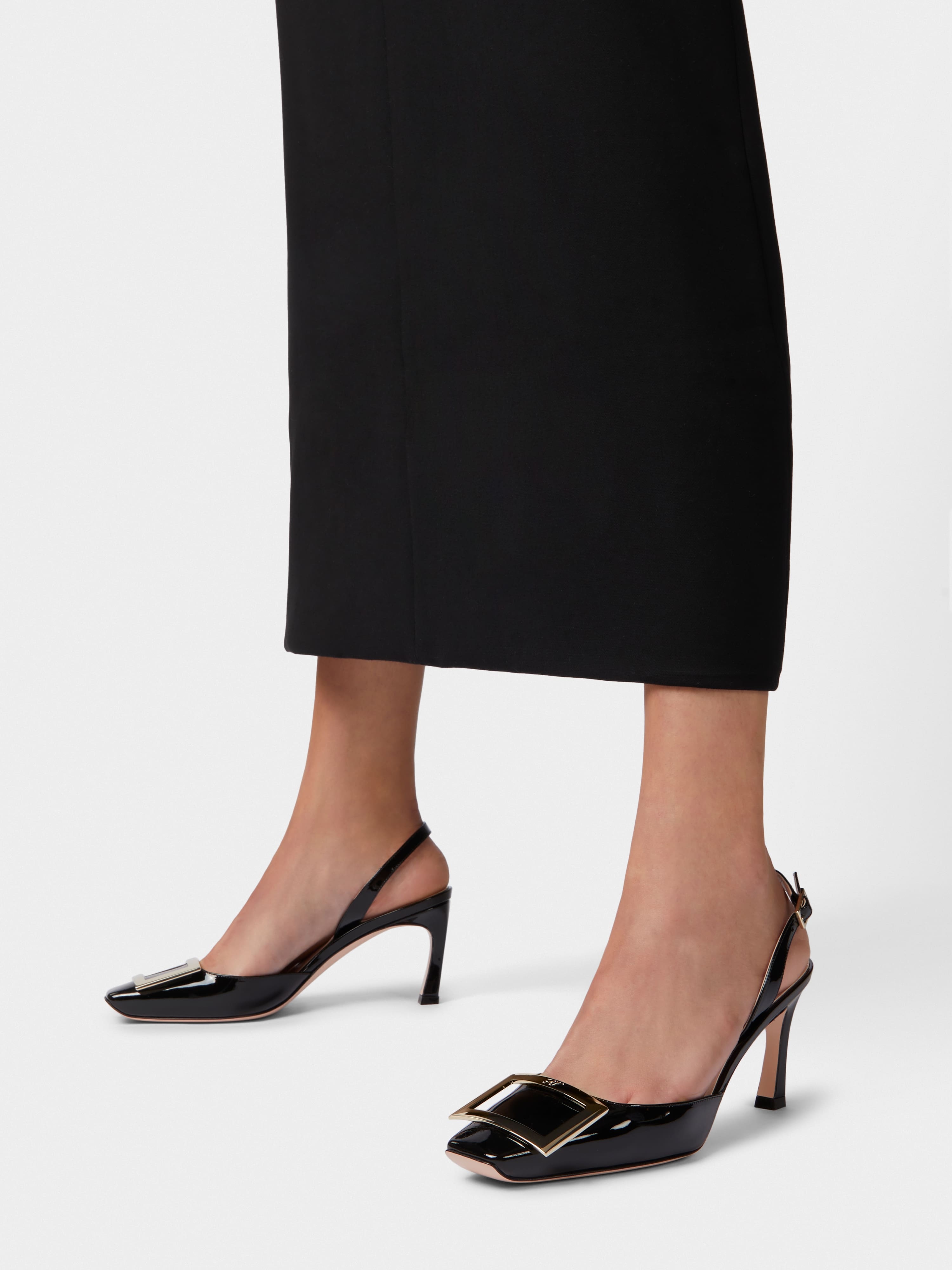 Roger Vivier Trompette Metal Buckle Slingback Pumps In Patent Leather In Black