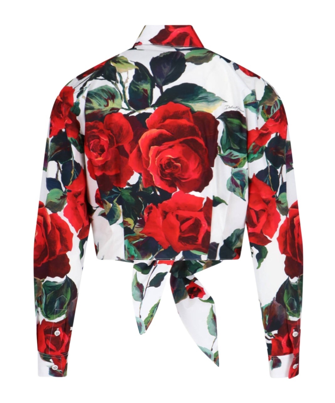 Dolce & Gabbana Cropped Tie-detailed Floral-print Cotton-poplin Shirt In White