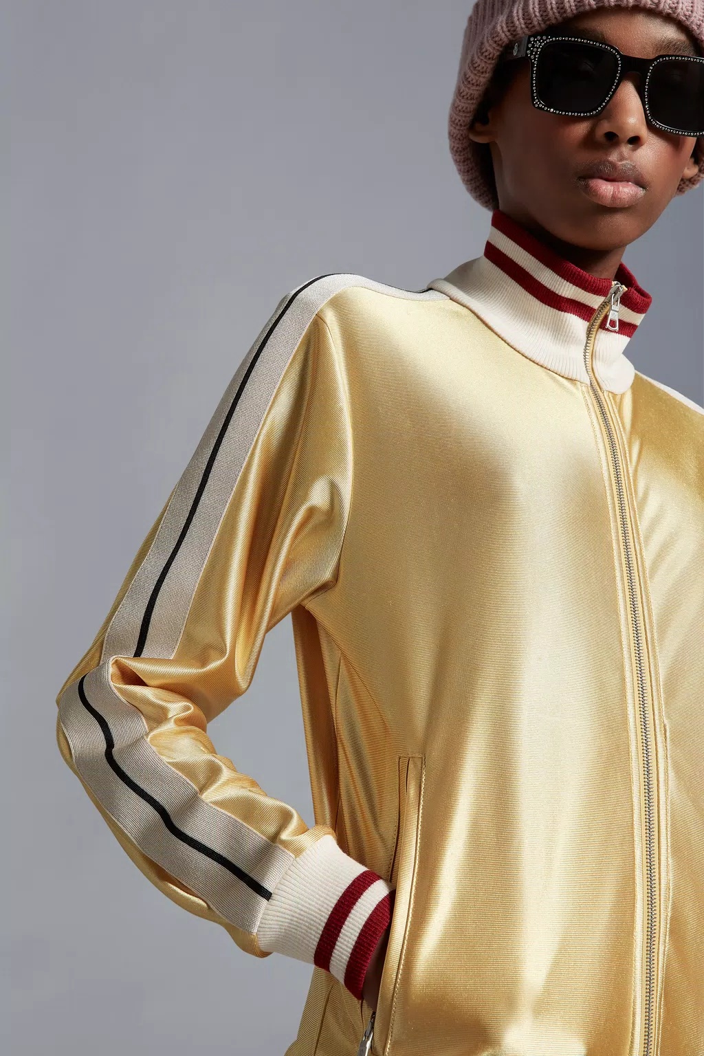 Shop Moncler Shiny Zip-up Sweatshirt In Nude