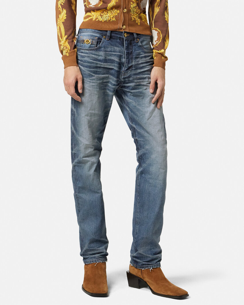 Versace Blue Jeans With Regular Fit And Medusa Hardware In Blue