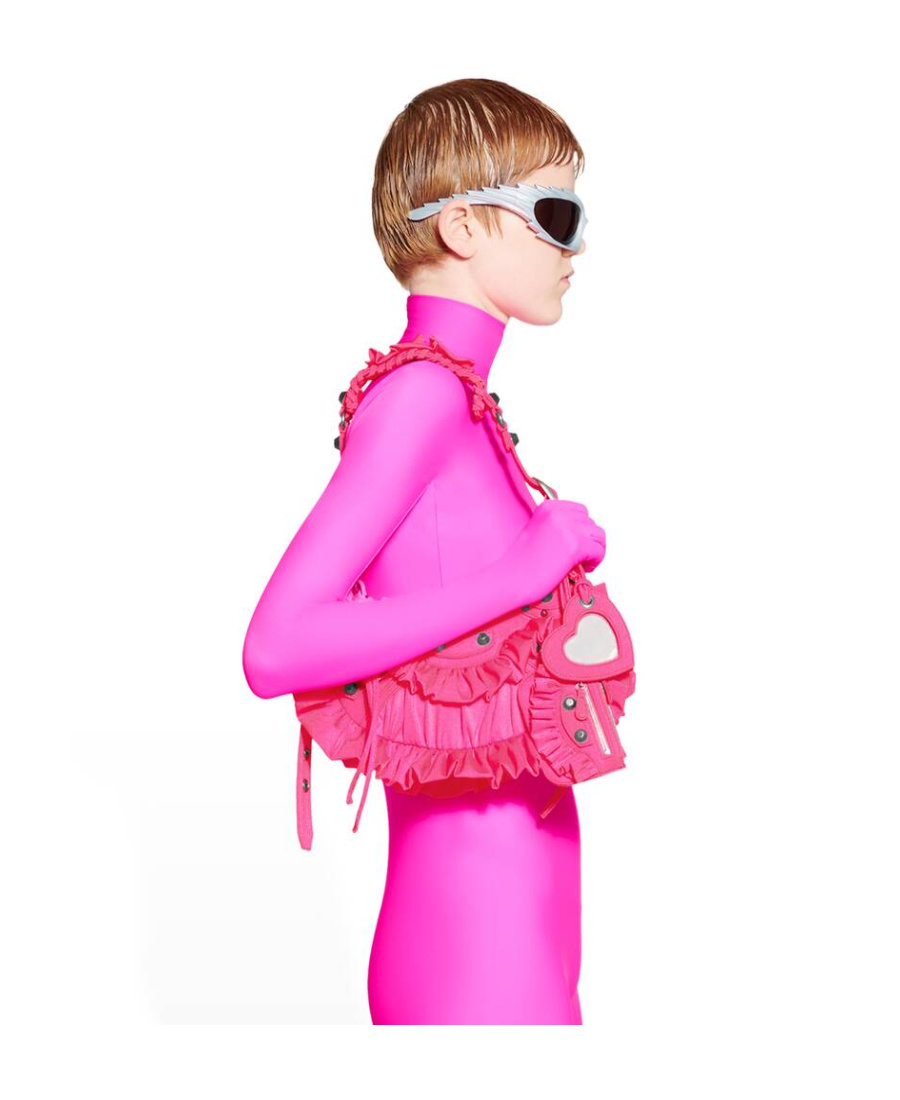 Balenciaga Green Leather Shoulder Handbag With Magnetic Closure And Metal Details In Pink