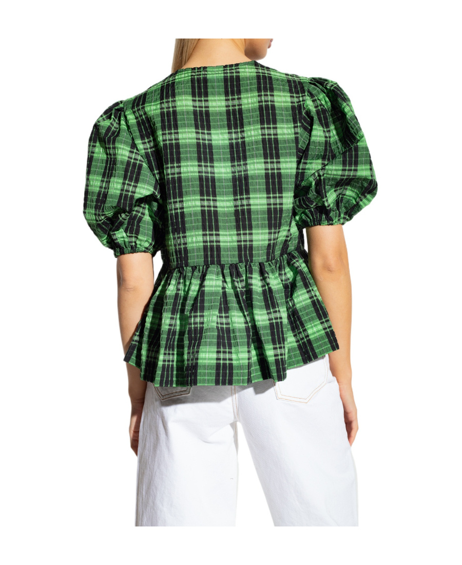 Ganni Plaid Seersucker Surplice Peplum Top In Green