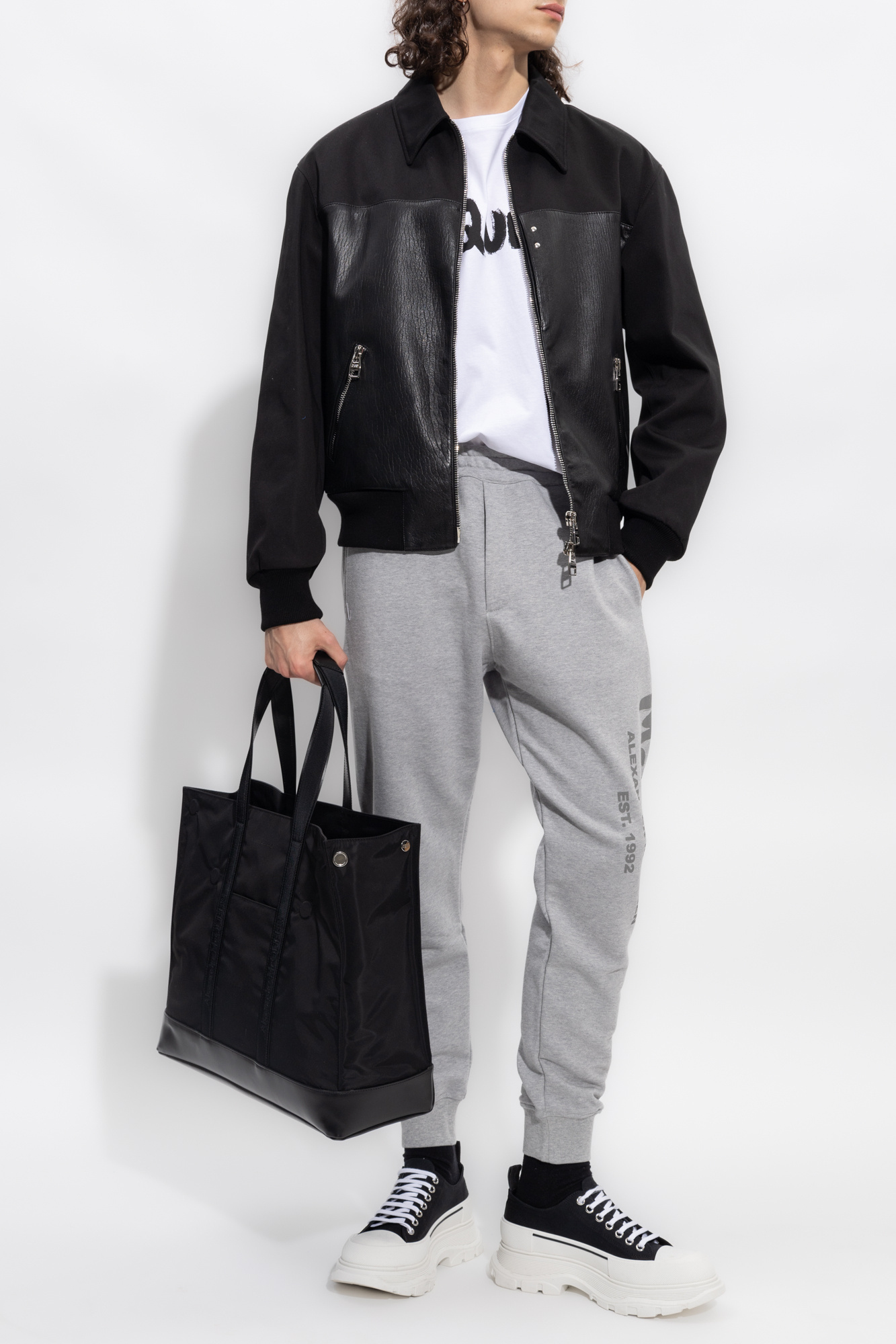 Alexander Mcqueen Leather And Fabric Bomber Jacket In Black