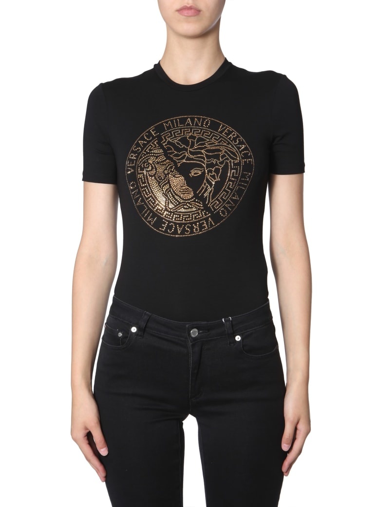 Versace Rainbow Strass Medusa Logo T-shirt In Black