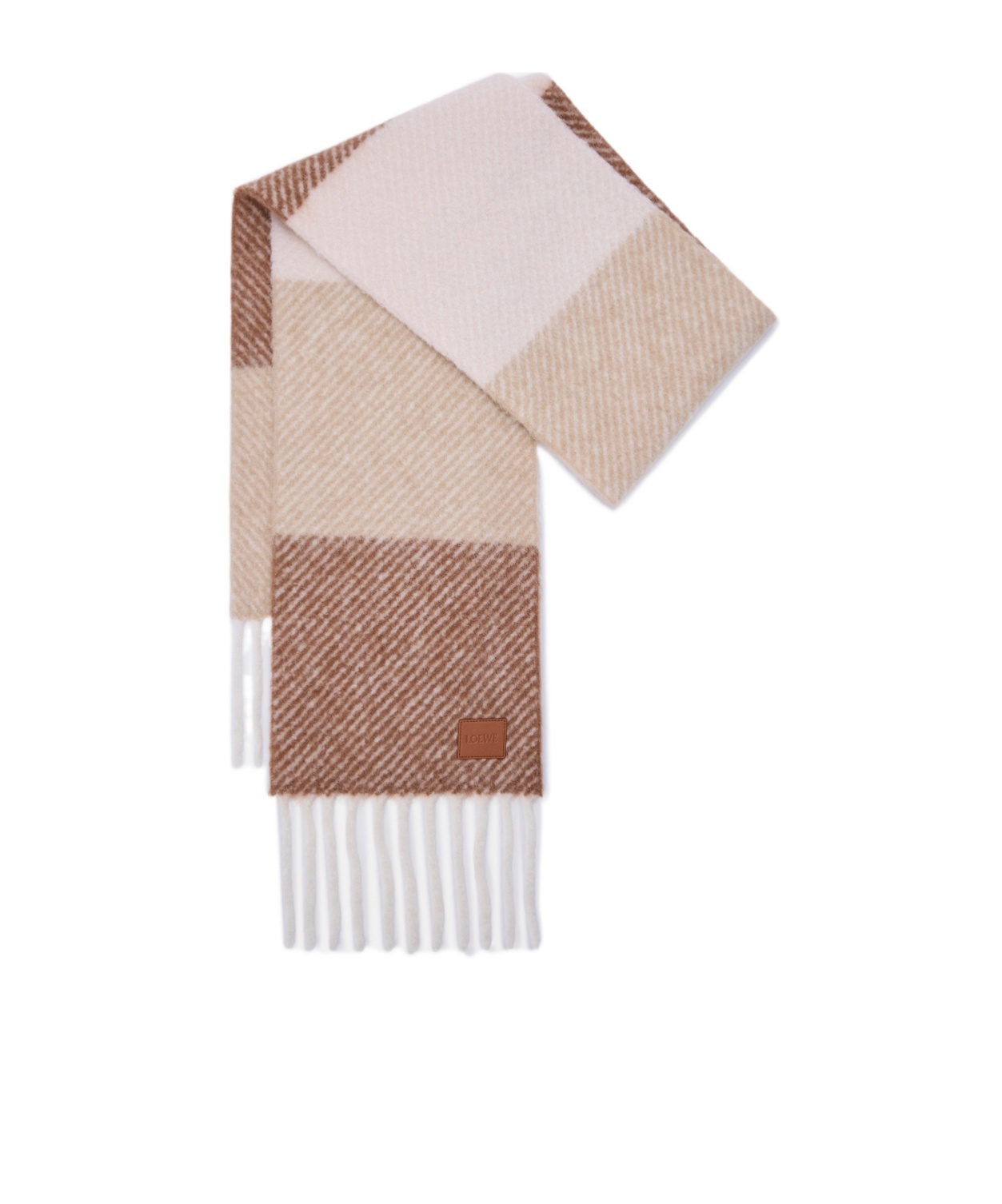 Loewe Logo Patch Striped Fringed Scarf In Neutral