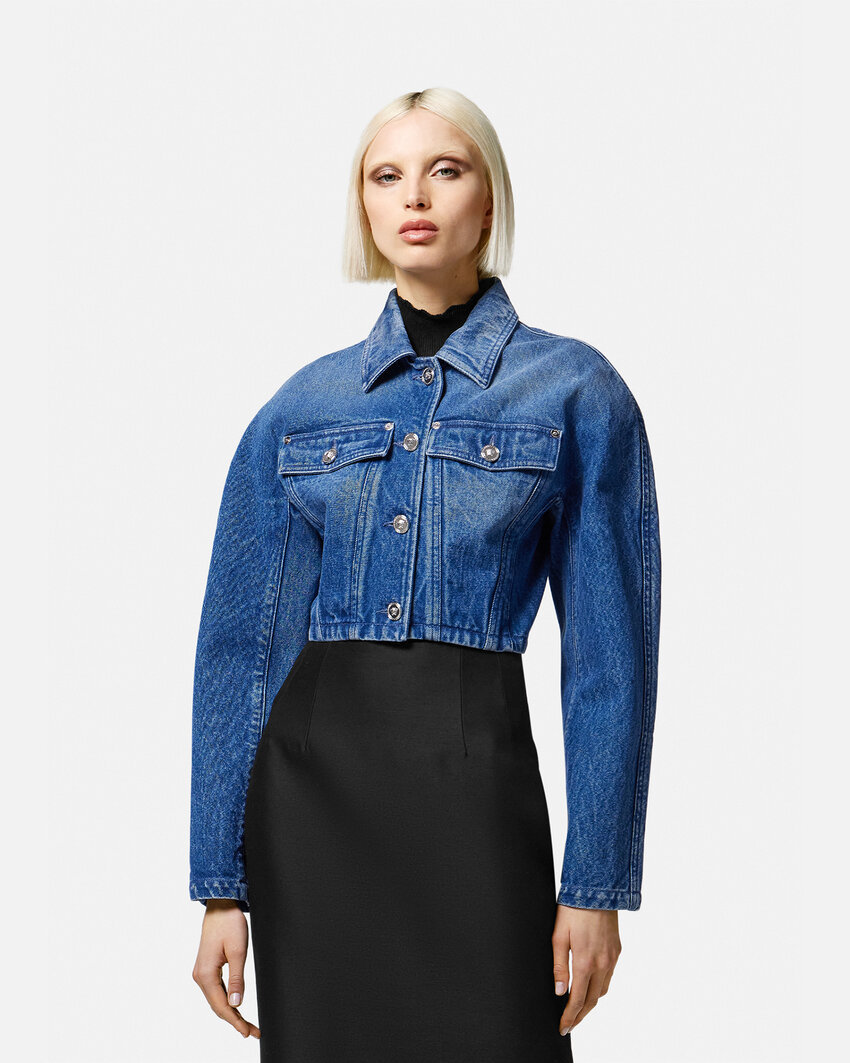 Versace Stone-washed Crop Denim Jacket In Medium Blue
