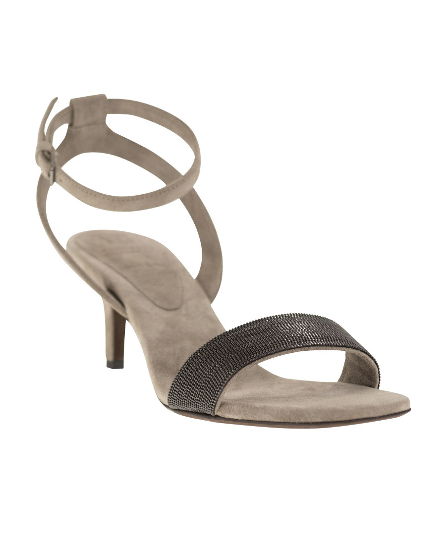 Brunello Cucinelli Grey Suede High Heels Sandals In Nude