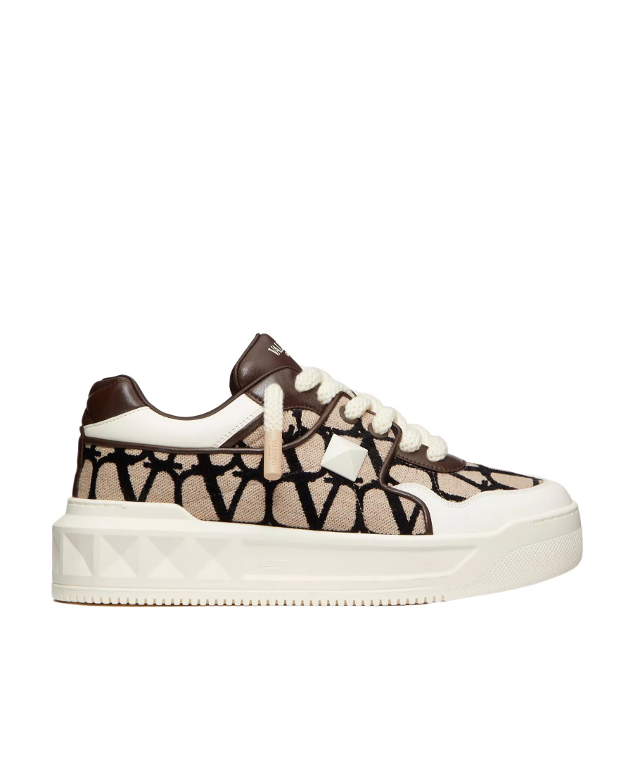 Valentino Garavani One Stud Xl Low-top Trainer In Nappa Leather And Toile Iconographe Fabric In Multicolor