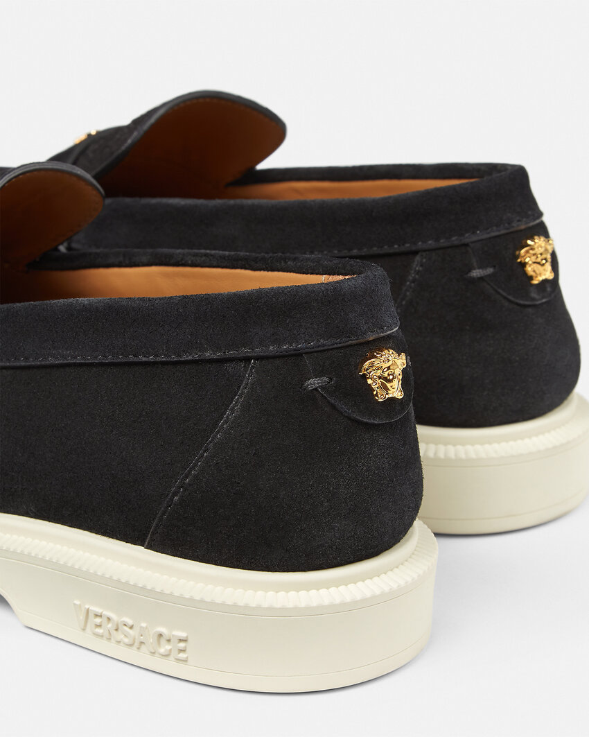 Versace Suede Greco Monogram Loafers In Black