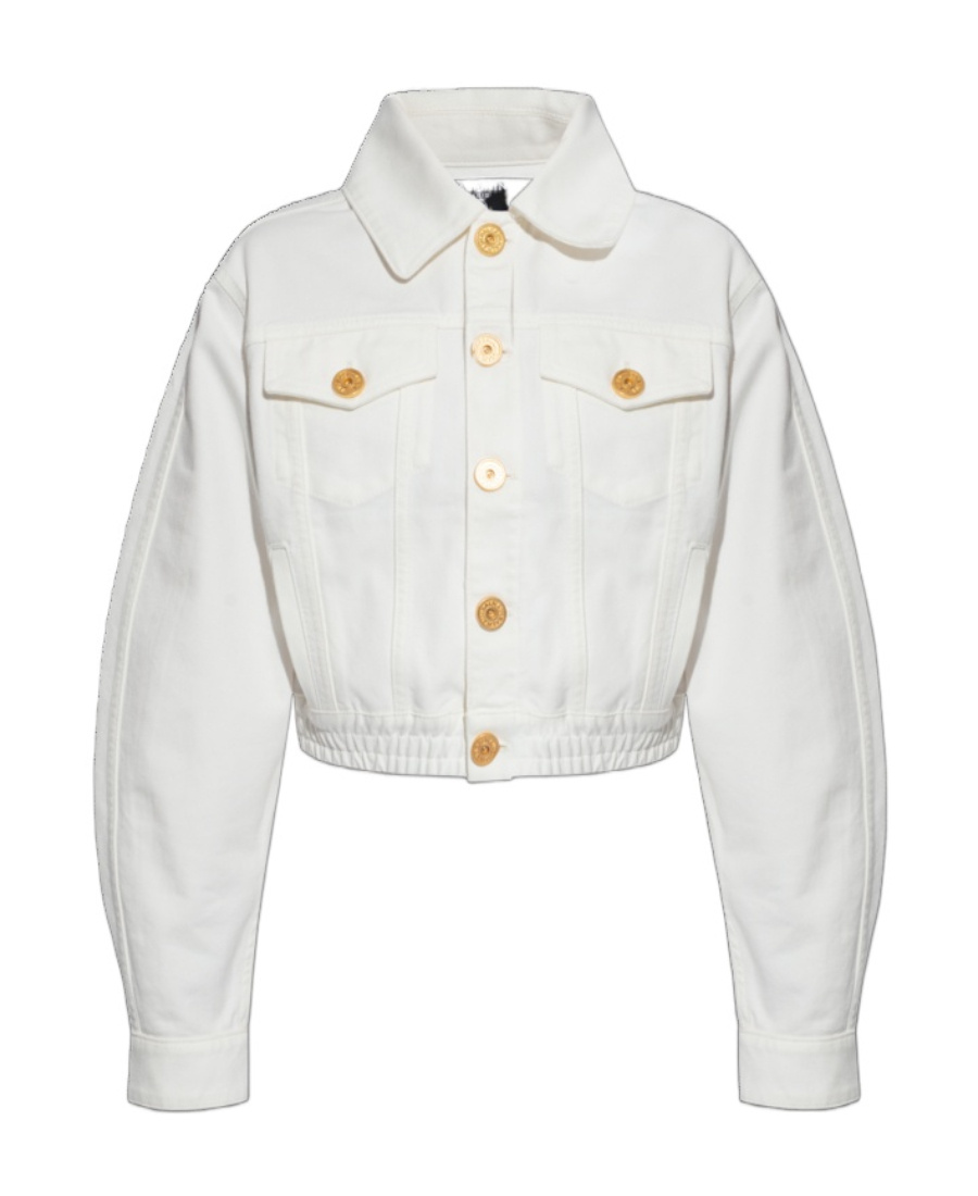Balmain Cotton Denim Buttoned Crop Jacket In White