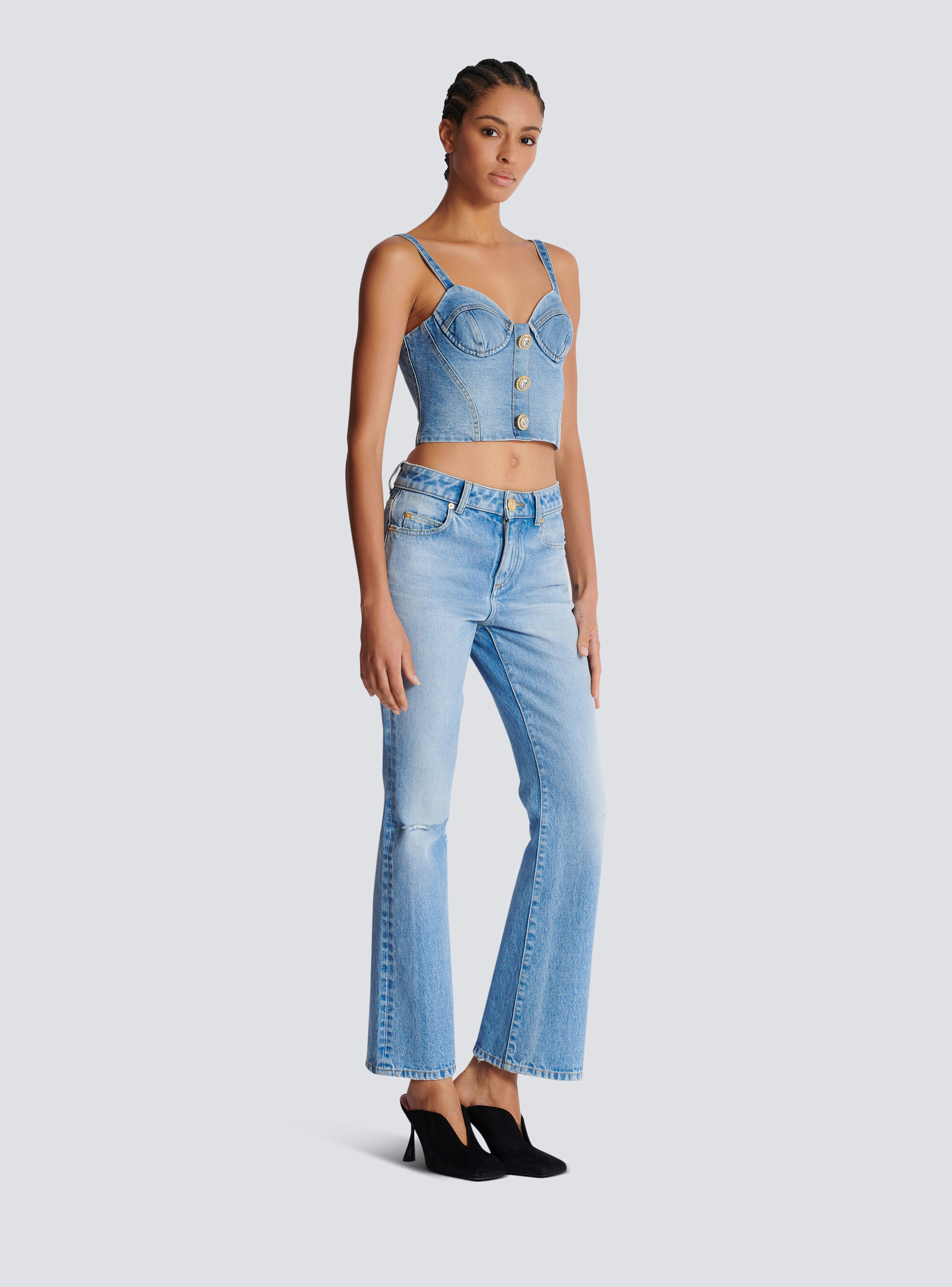 Balmain Button-embellished Denim Bustier Top In Blue