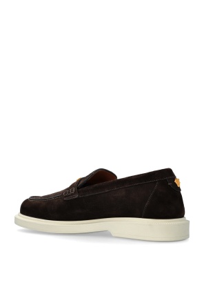 Versace Suede Greco Monogram Loafers In Brown