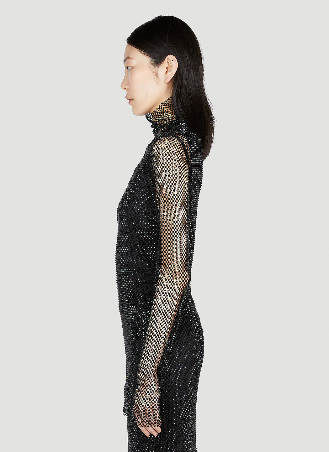 Sportmax Sheer Fishnet Long-sleeve Fitted Top With High Neck In Black